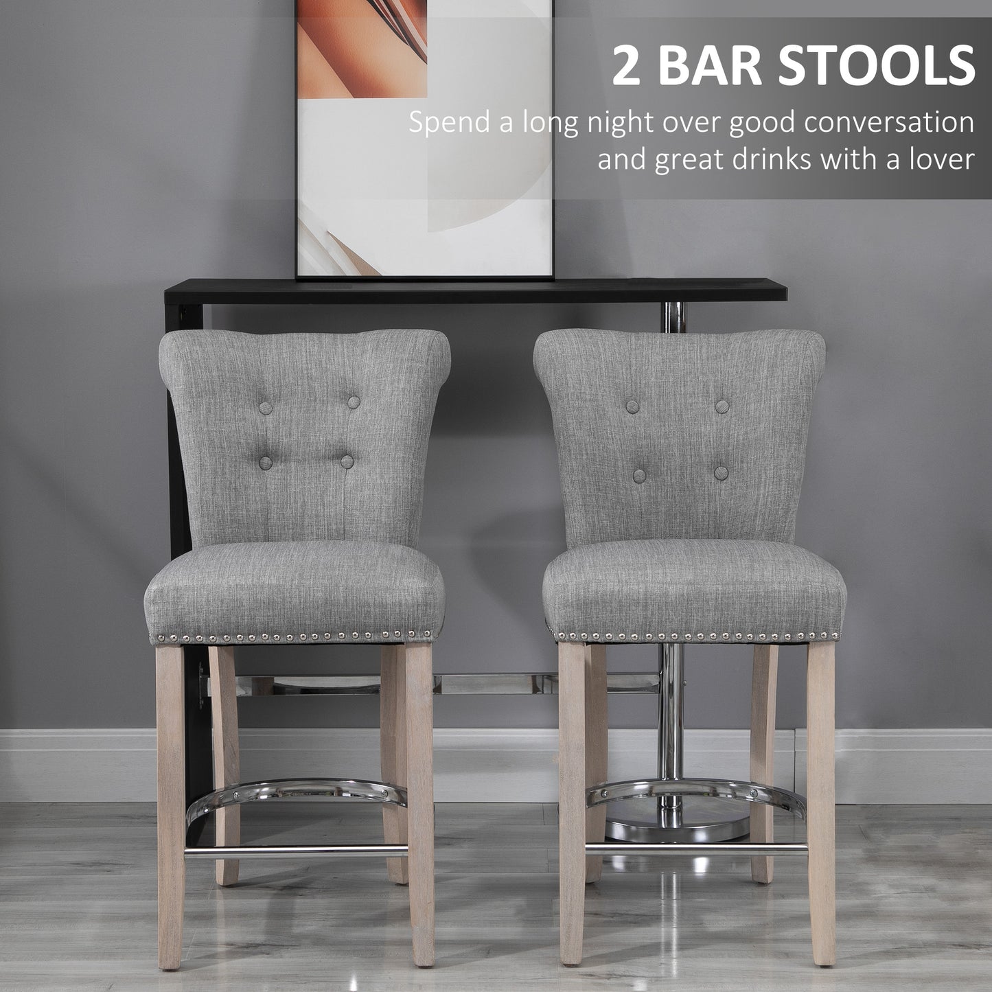 HOMCOM Grey Linen Counter Bar Stools, Set of 2, Solid Wood Legs