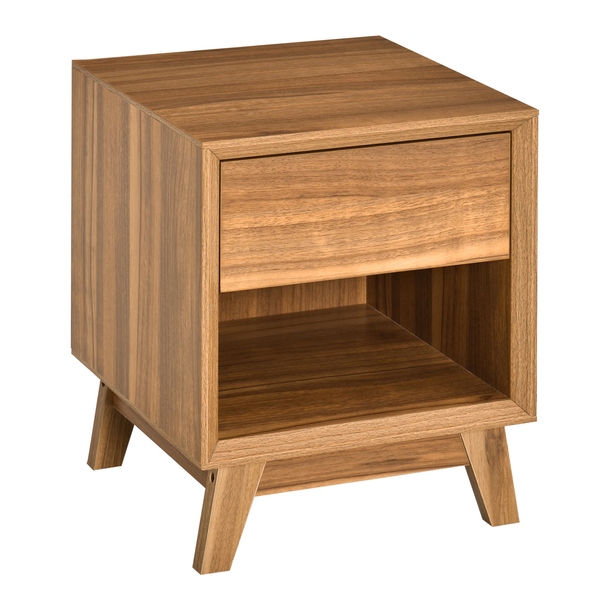 HOMCOM Modern Walnut Bedside Nightstand with Drawer and Open Storage Shelf