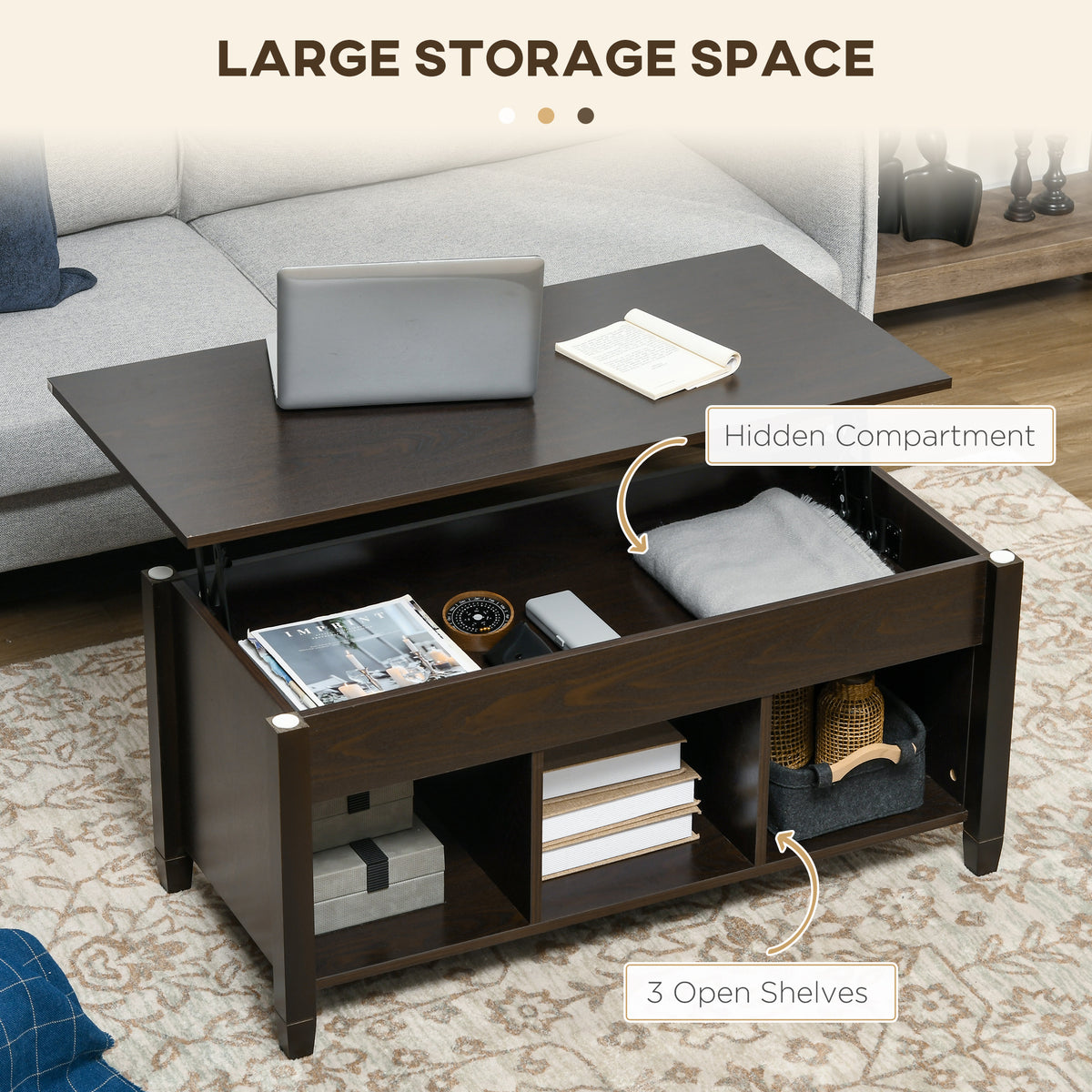 41" Lift-Top Coffee Table with Hidden Compartment and 3 Open Shelves
