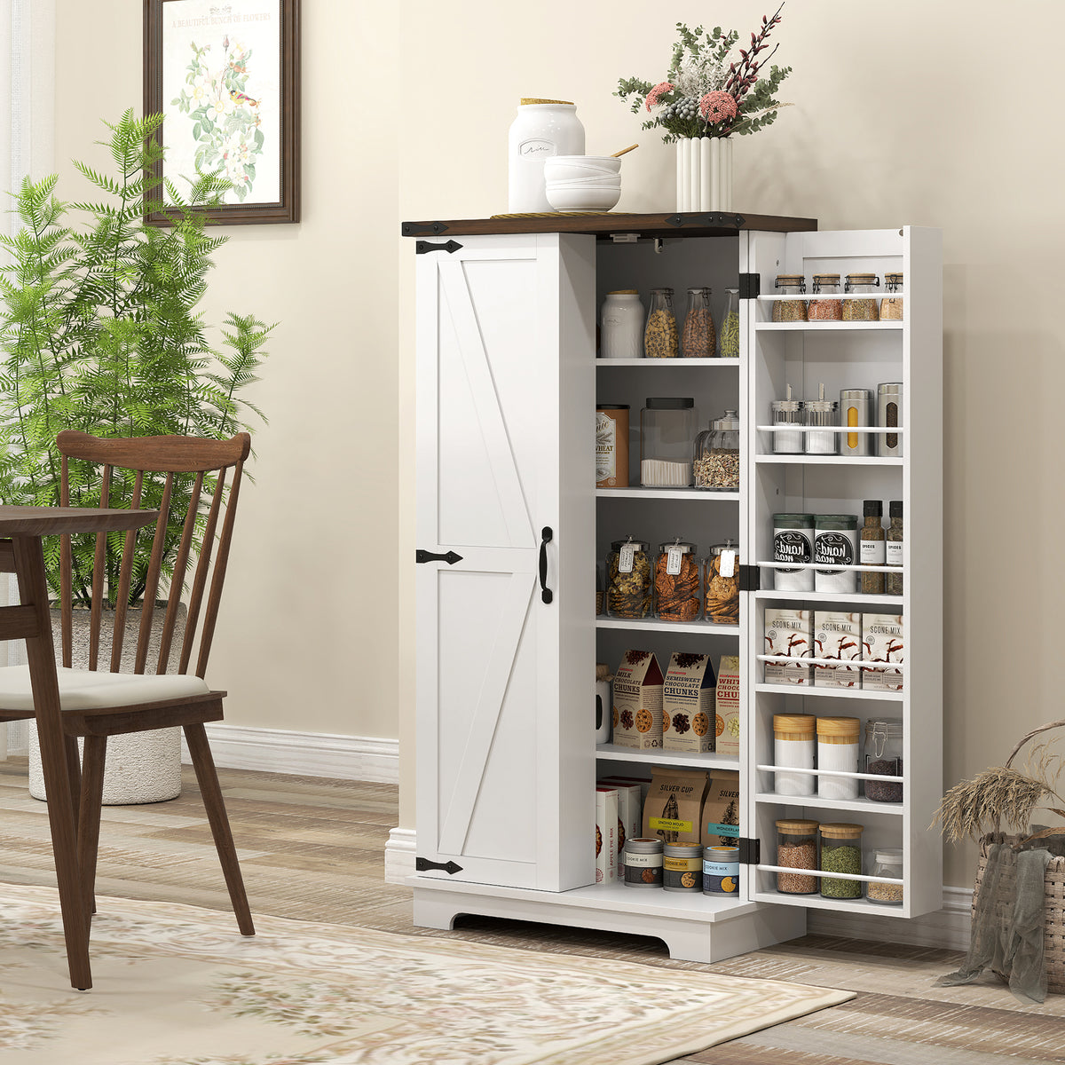Farmhouse Kitchen Pantry Cabinet with Adjustable Shelves and Door Shelves – 24"W x 47"H