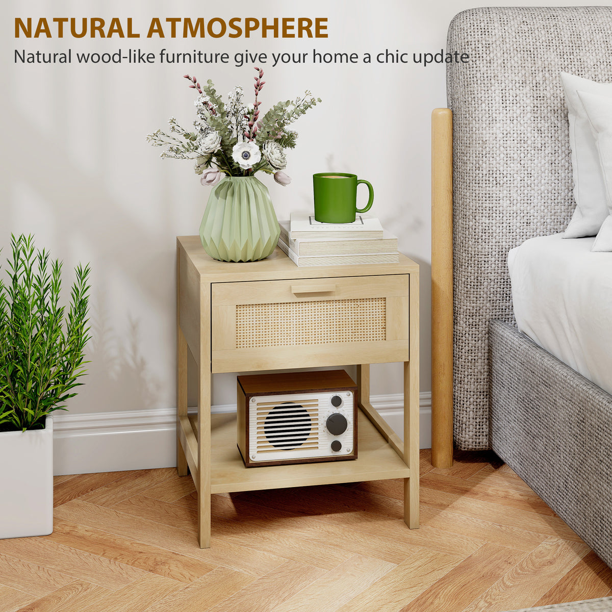 Narrow Rattan Nightstands with Drawer and Shelf, Set of 2 – 16"W x 19"H