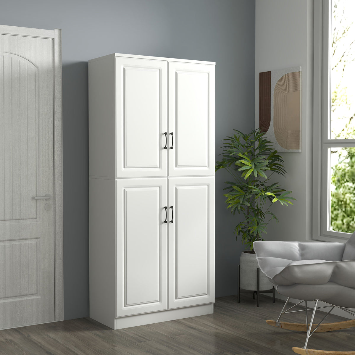 Freestanding Kitchen Pantry Cabinet with 4 Hinged Doors and Adjustable Shelves – 32"W x 71"H