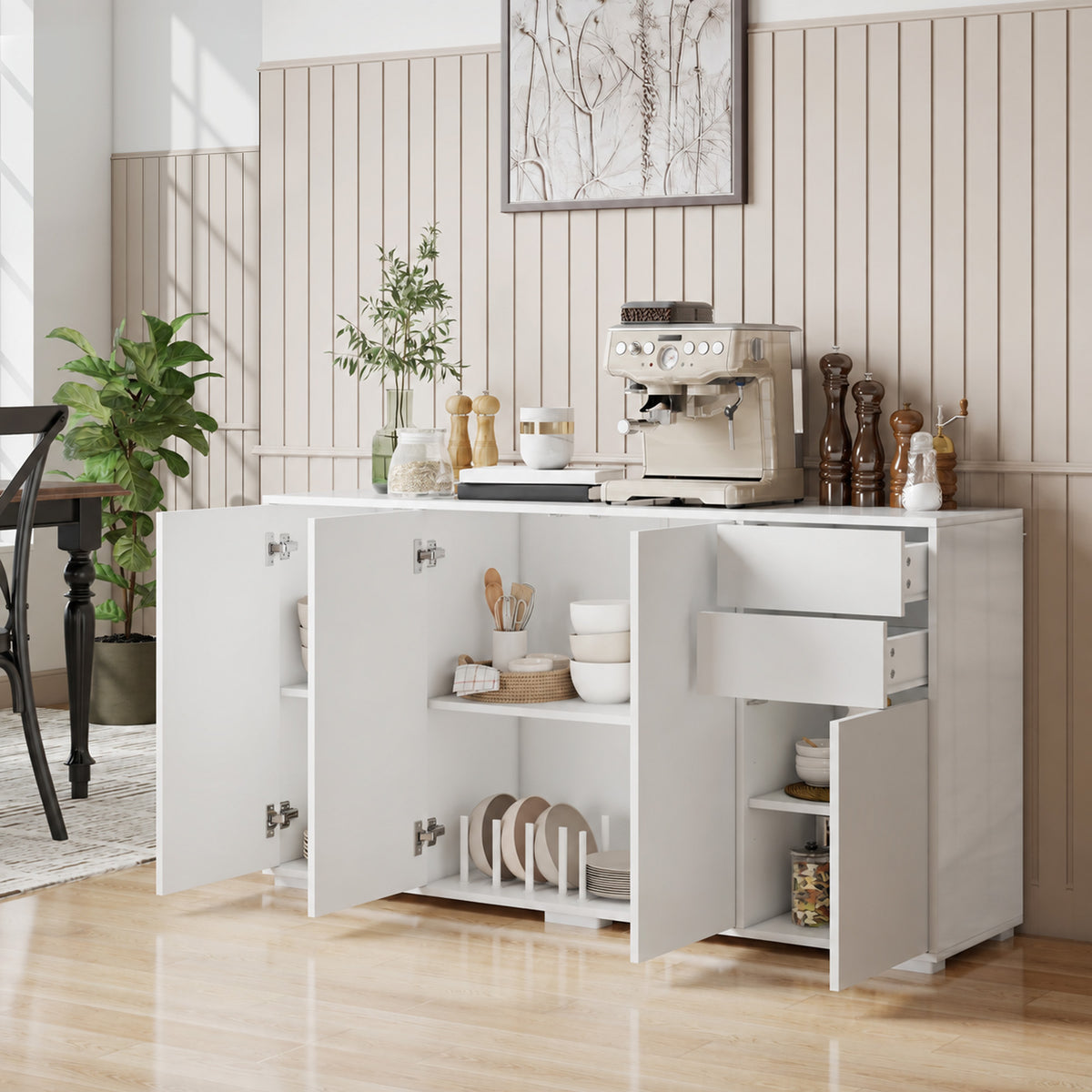 Modern Coffee Bar Cabinet with Push-Open Design and 2 Drawers – 55"W x 29"H