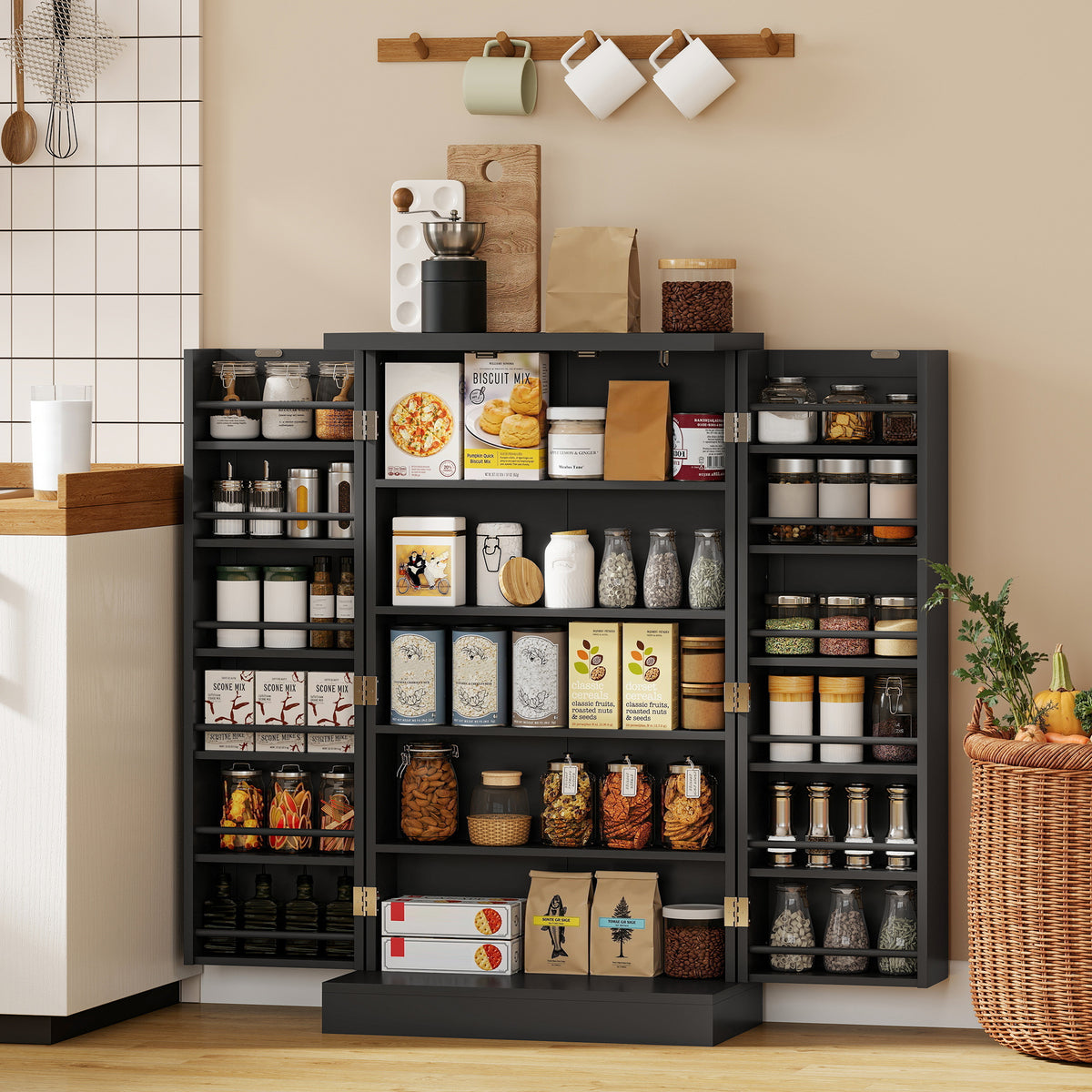 Kitchen Pantry Cabinet with 5-Tier Shelving and 12 Spice Racks – 24"W x 41"H