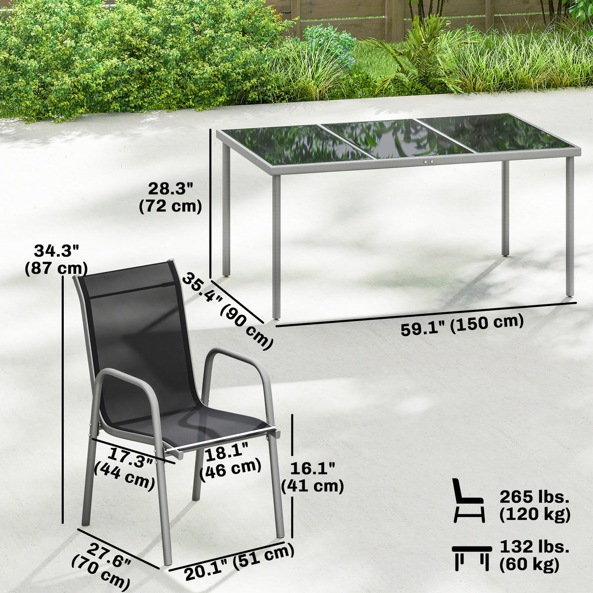 7 Piece Garden Dining Set, Garden Furniture Set with Rectangle Table and 6 Stackable Chairs – Silver, Black