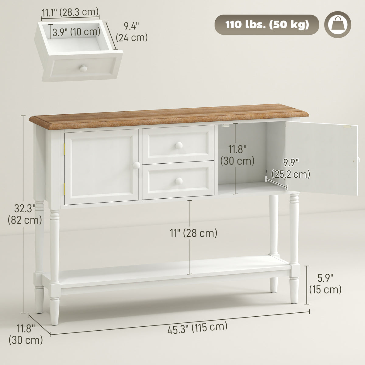 Vintage Console Table with 2 Drawers & Cabinets