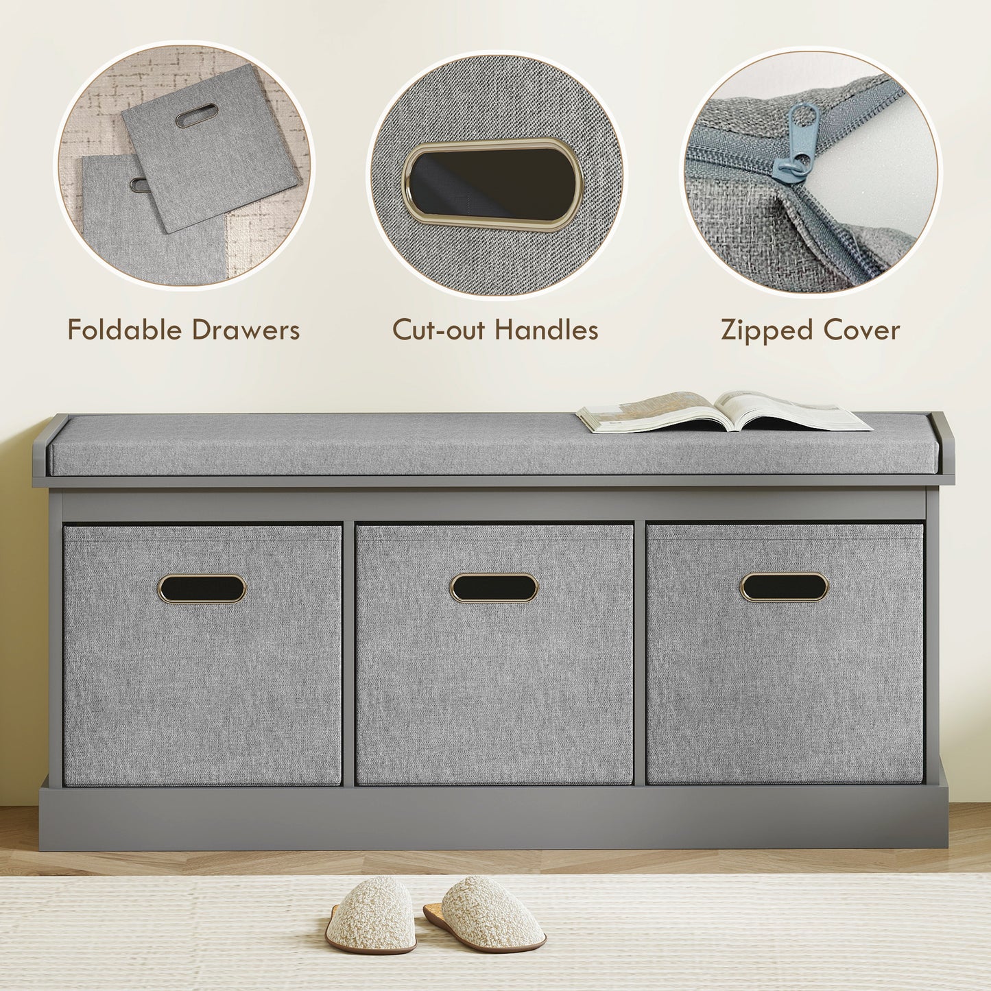 HOMCOM Grey Entryway Shoe Storage Bench with Padded Seat, Three Fabric Drawers