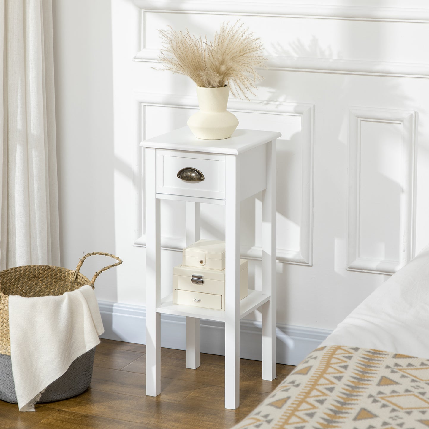 HOMCOM 2-Tier Narrow Tall End Table Set with Drawer & Shelf, White Nightstand