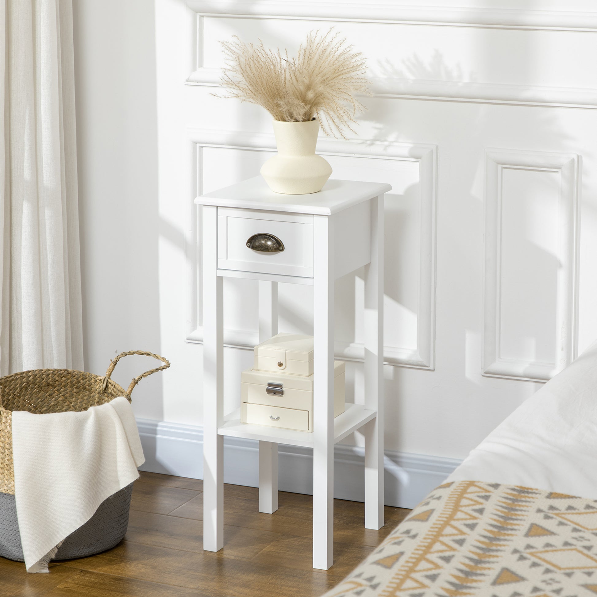 HOMCOM 2-Tier Narrow Tall End Table Set with Drawer & Shelf, White Nightstand