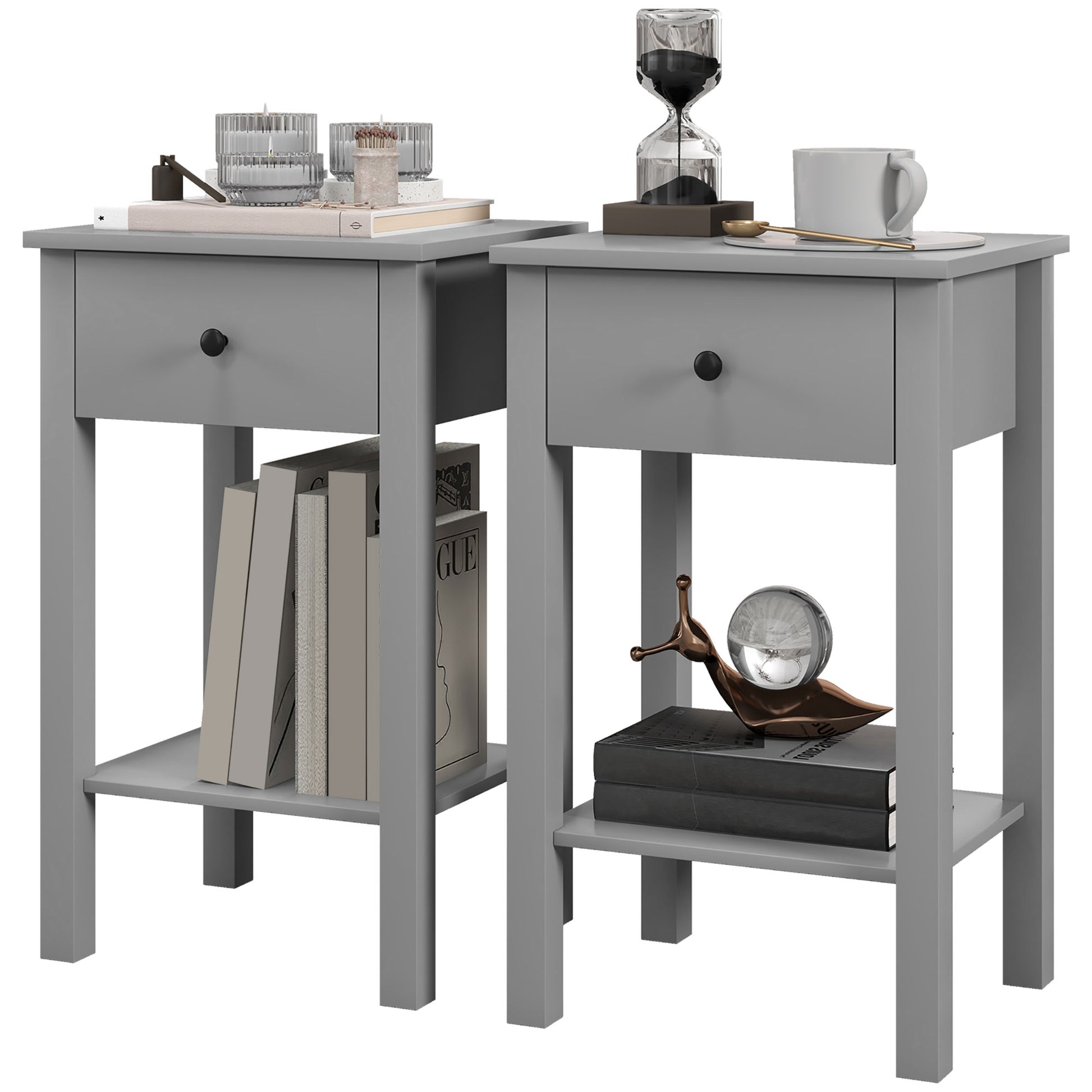 HOMCOM Grey 2-Piece End Tables with Drawer and Bottom Shelf
