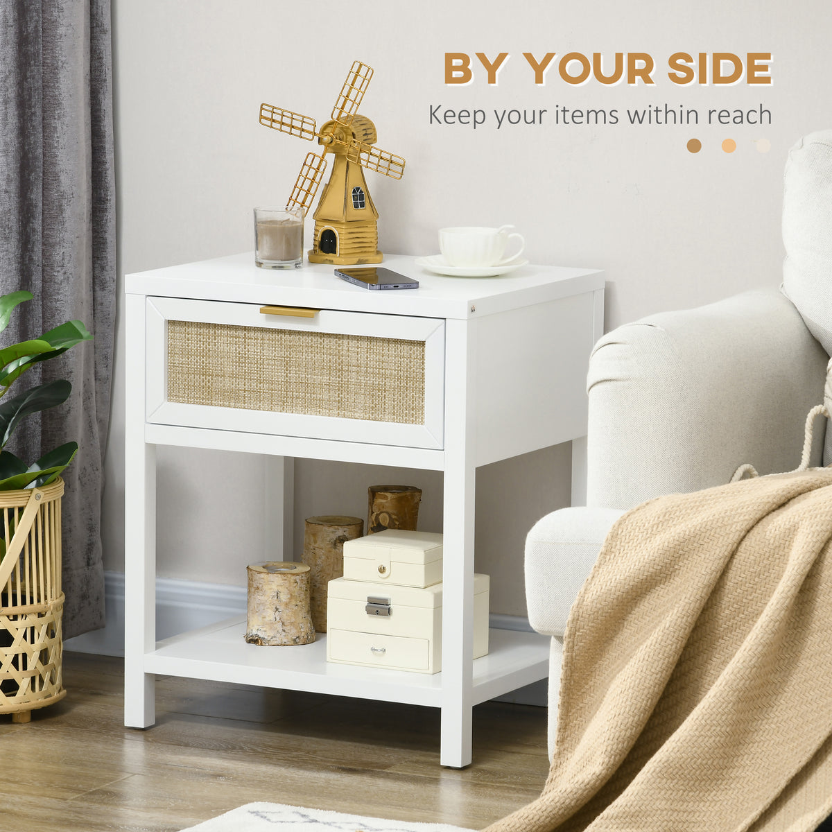 Boho Nightstand with Rattan Drawer and Open Shelf – 20"W x 24"H