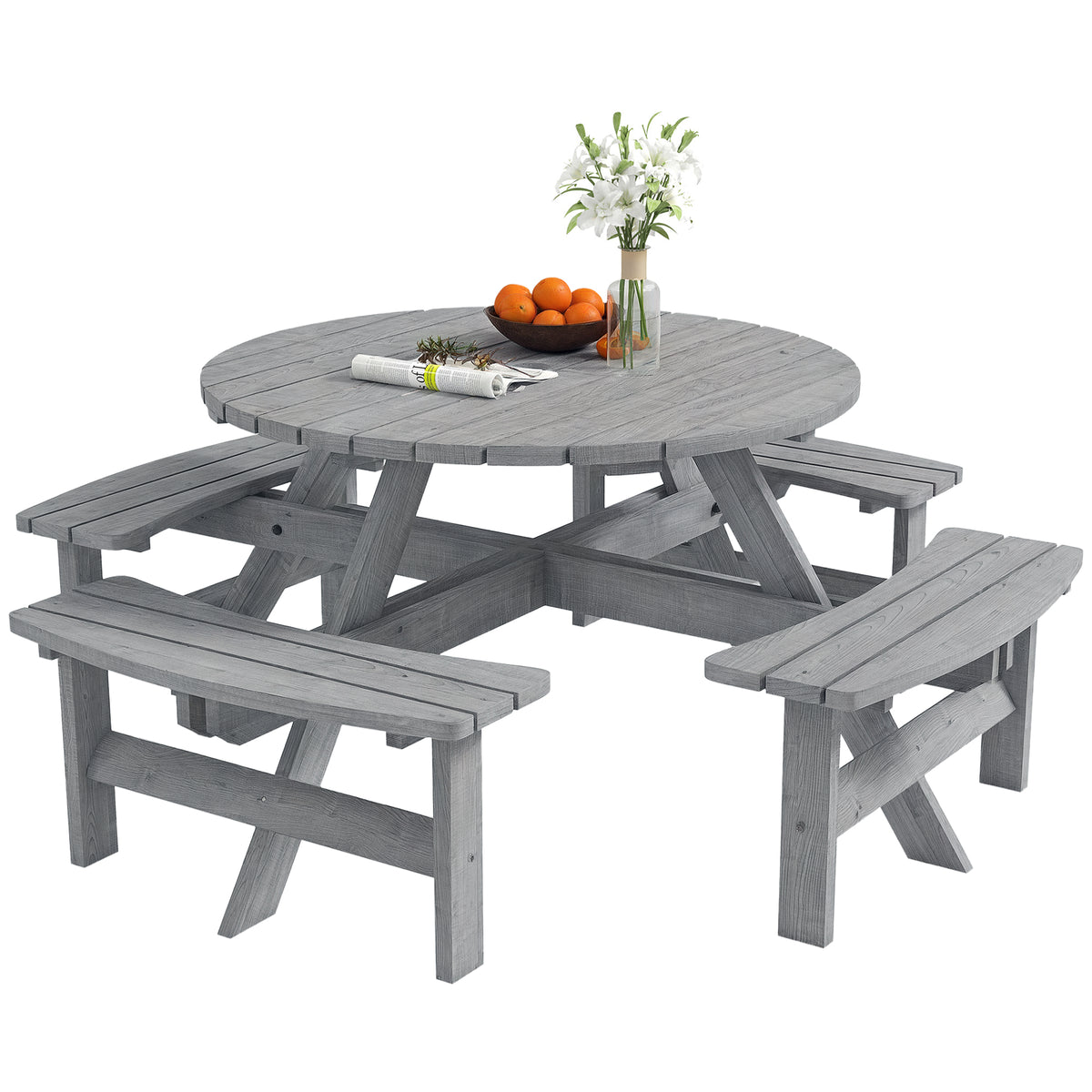 8 Seater Round Wooden Pub Bench & Picnic Table, Patio Dining Set for Outdoor Patio (Umbrella Not Included) – Grey