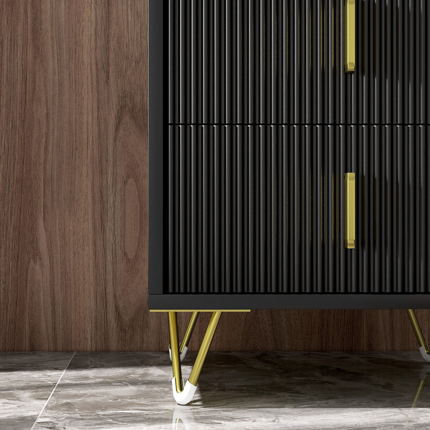 HOMCOM Modern Black 2-Drawer Bedside Nightstand, Fluted Fronts, Golden Metal Legs