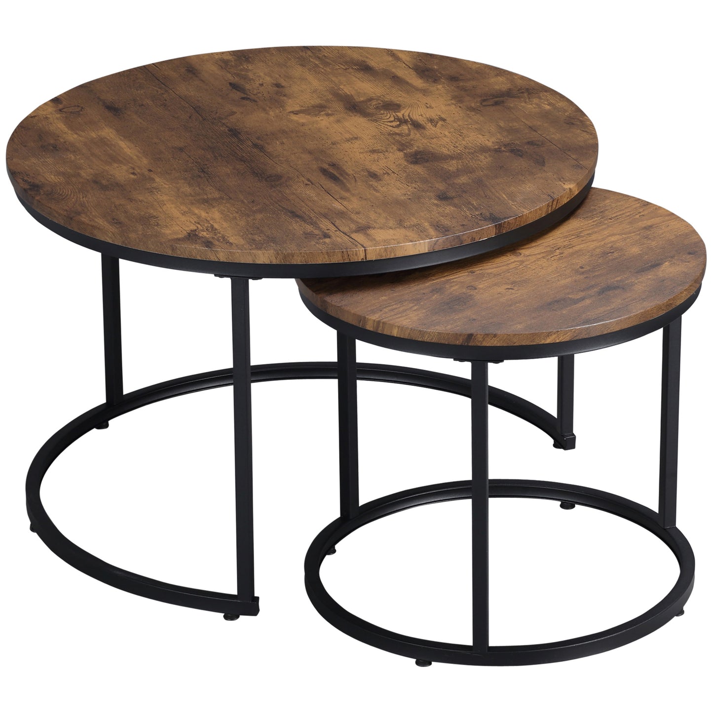 HOMCOM Round Nesting Tables Set of 2, Stacking Coffee Tables, Rustic Brown Metal Frame