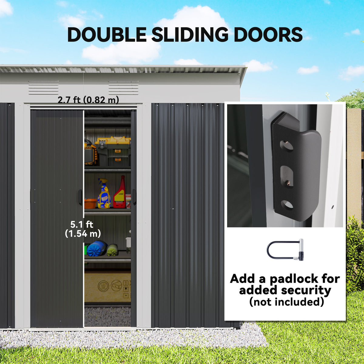 7' x 3.6' Outdoor Storage Shed, Metal Garden Tool Storage House Organizer with Lockable Sliding Doors and Vents for Backyard Patio Lawn – Charcoal Grey