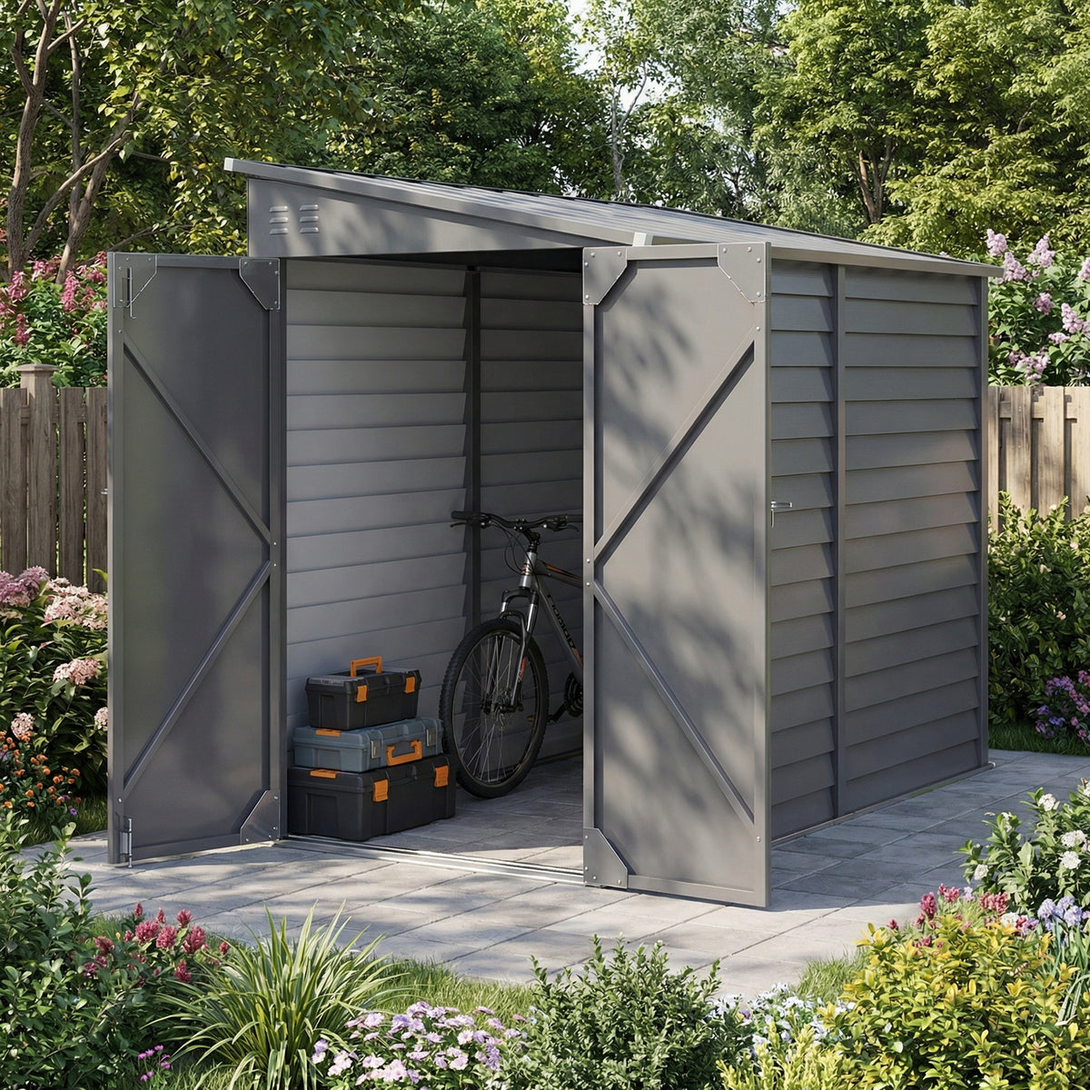 4.6' x 9' Steel Outdoor Storage Shed, Lean to Shed w/ Foundation Kit, Lockable Doors, Gloves & Air Vents for Backyard, Patio – Grey