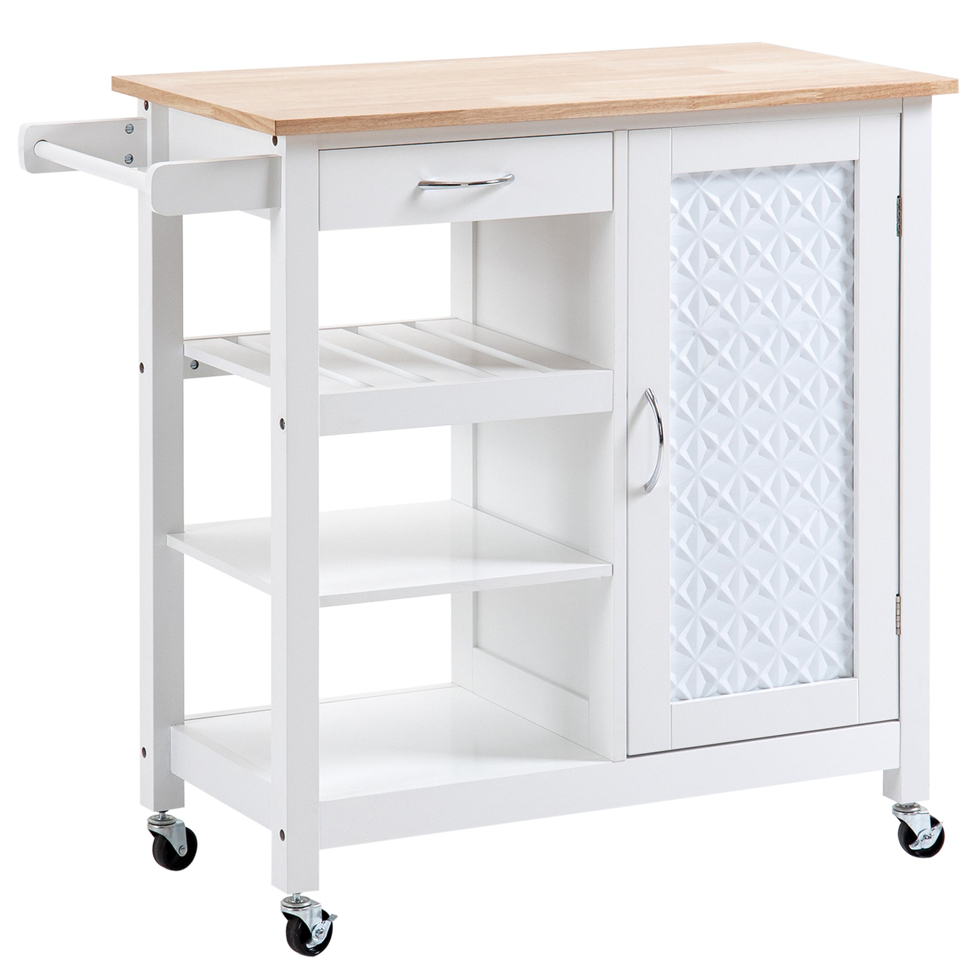 HOMCOM Kitchen Cart with Embossed Door Panel and Wheels, White