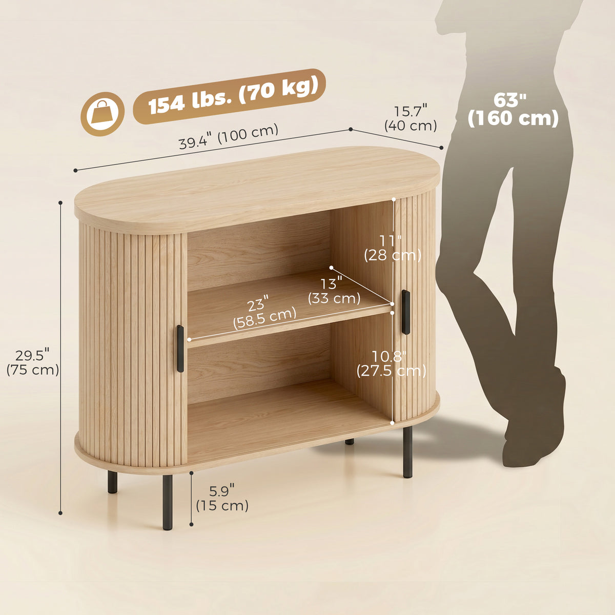 Sideboard Buffet Cabinet with Curved Tambour Doors and Storage – 39"W x 30"H