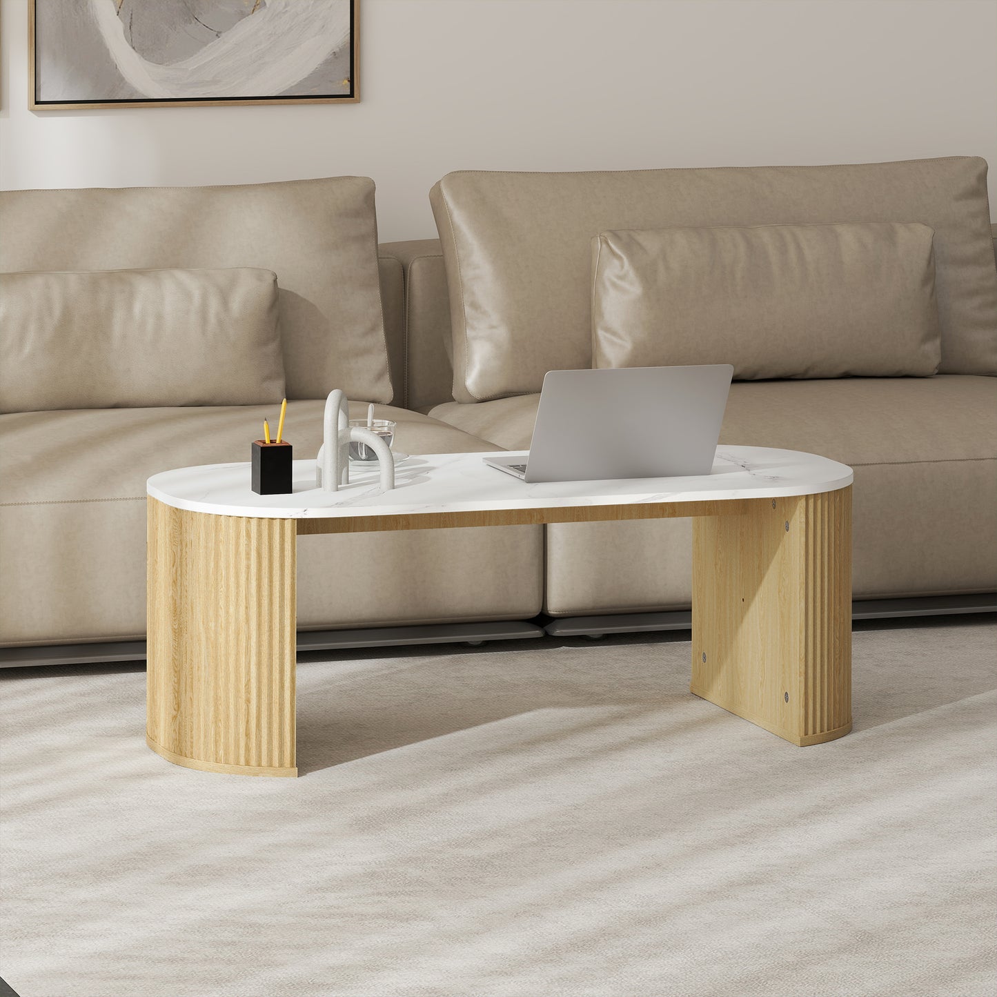 HOMCOM Modern Marble-Effect Coffee Table with Rounded Corners, Thick Wood Legs