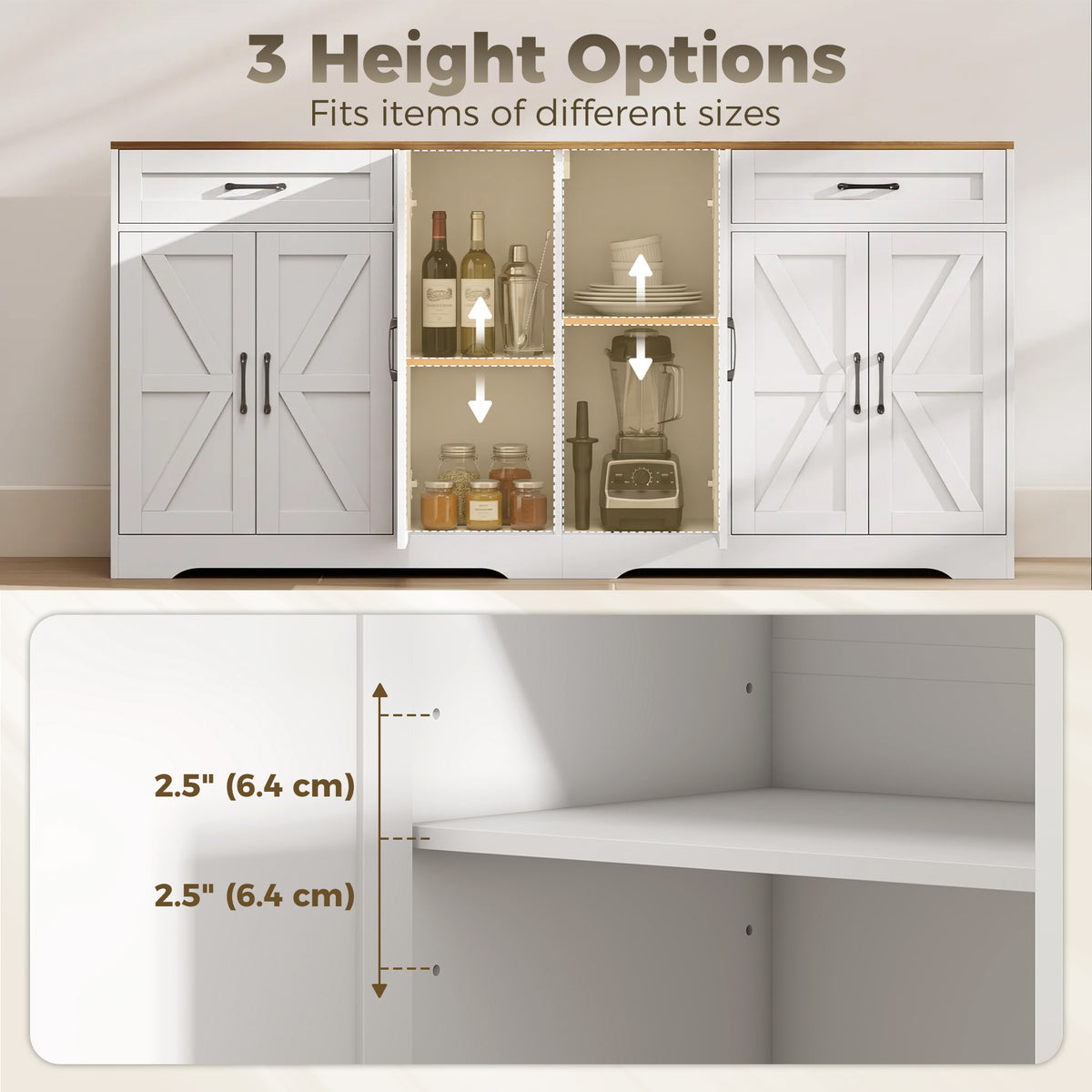 Farmhouse Coffee Bar Cabinet with 2 Drawers and 6 Barn Doors – 71"W x 34"H