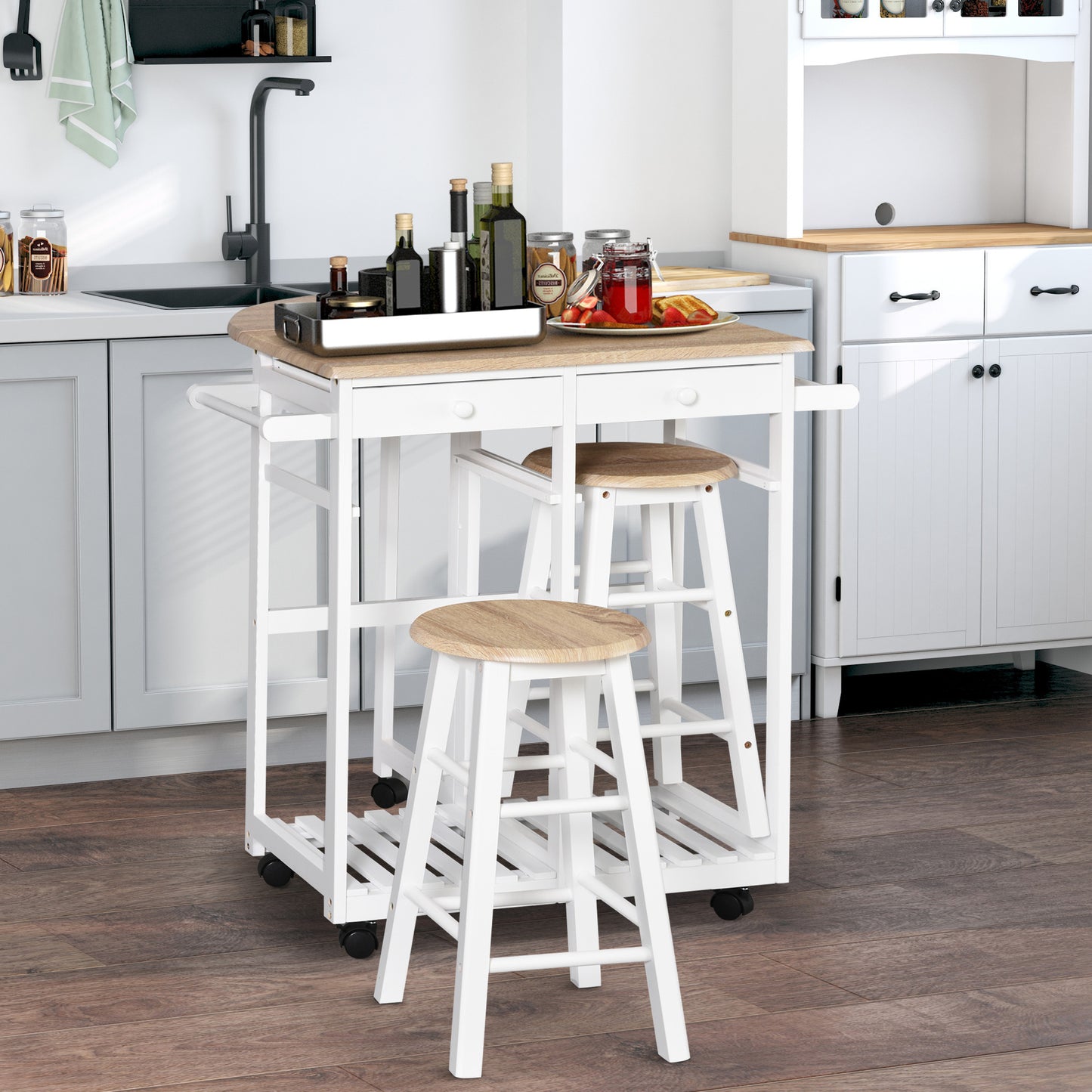 HOMCOM Kitchen Trolley 3-Piece Set with Drop Leaf Table, White