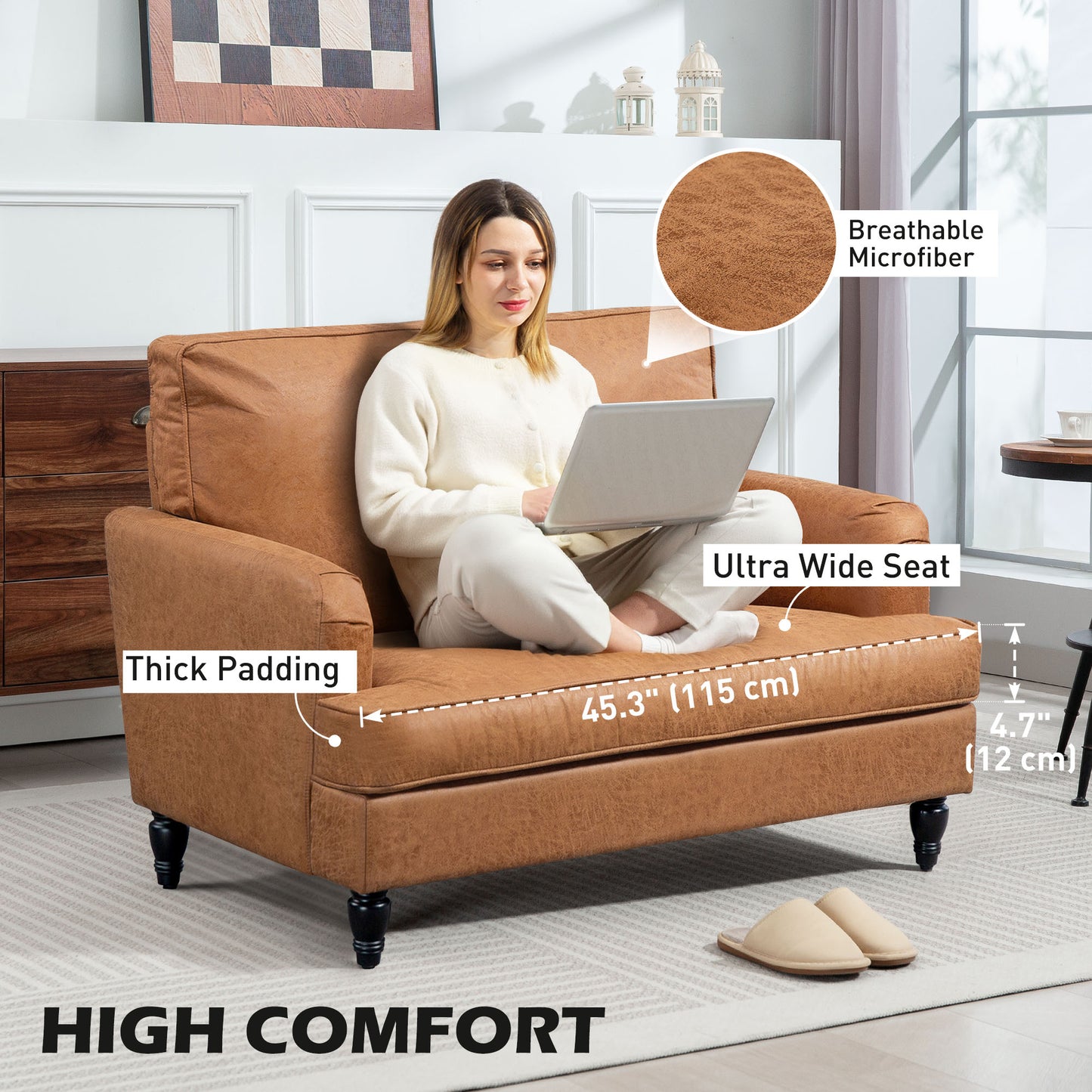 HOMCOM Modern Microfiber Accent Armchair, Wide Comfy Seat & Turned Legs, Brown