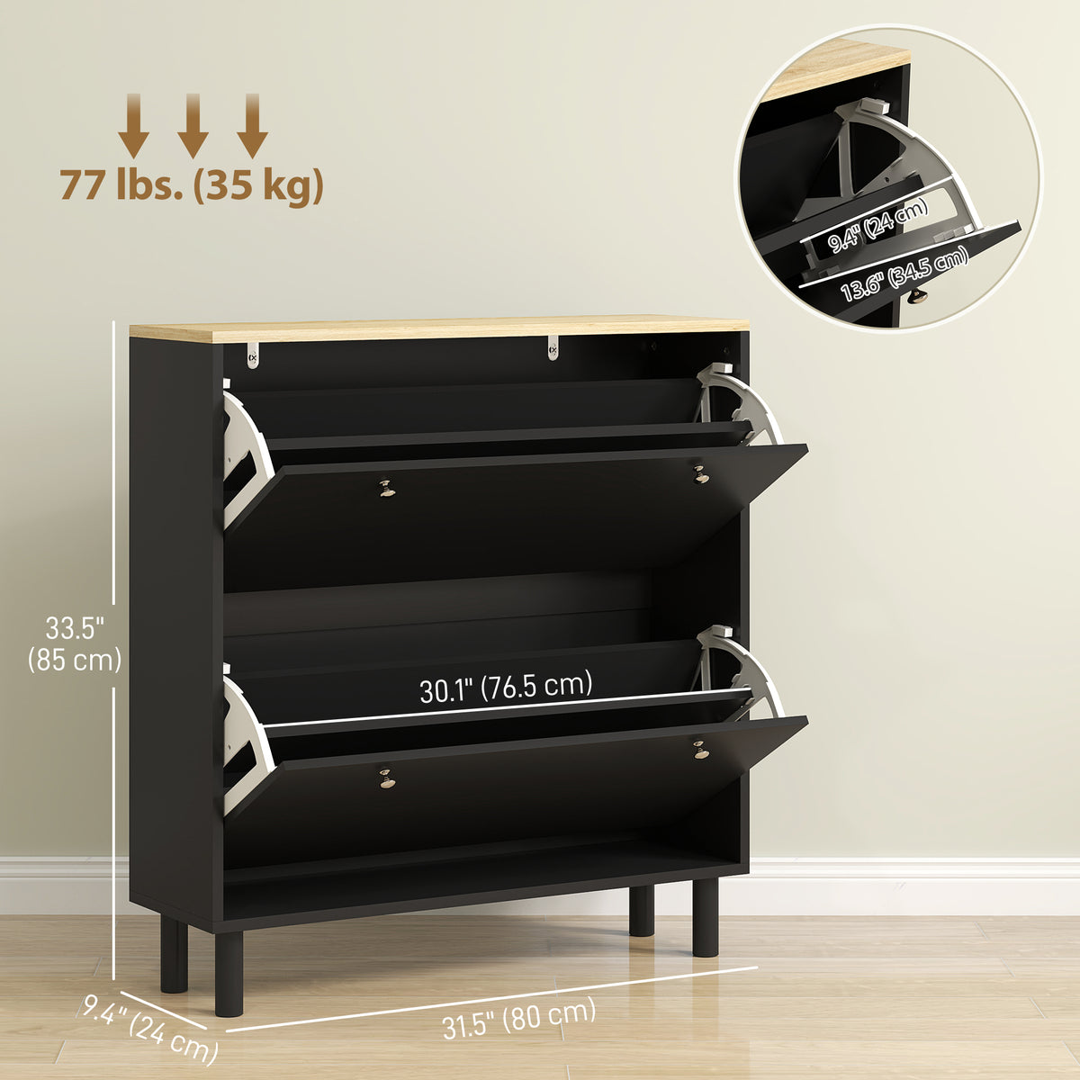 Shoe Cabinet with 2 Drawers and Adjustable Shelves – 32"W x 34"H