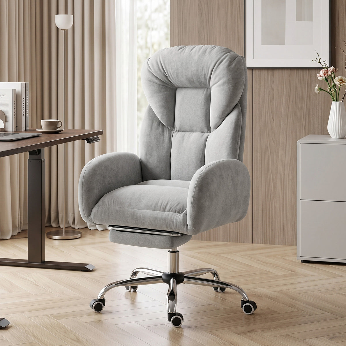 Cross Legged Office Chair with Footrest, 90°-180° Flip Armrests, Task Desk Chair, Light Grey