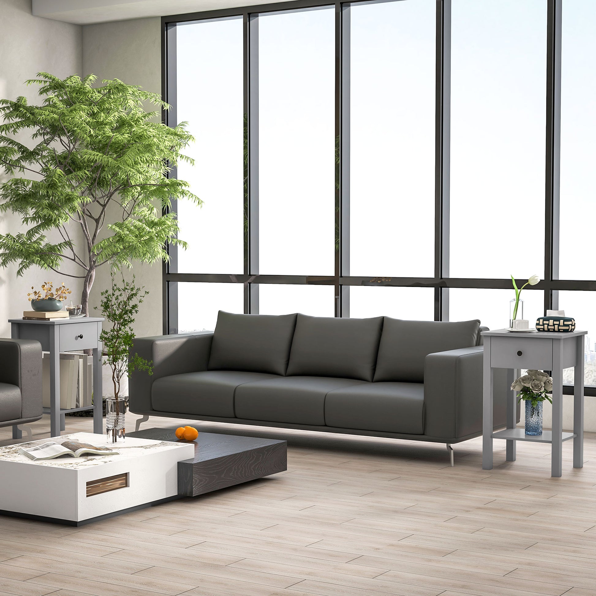 HOMCOM Grey 2-Piece End Tables with Drawer and Bottom Shelf