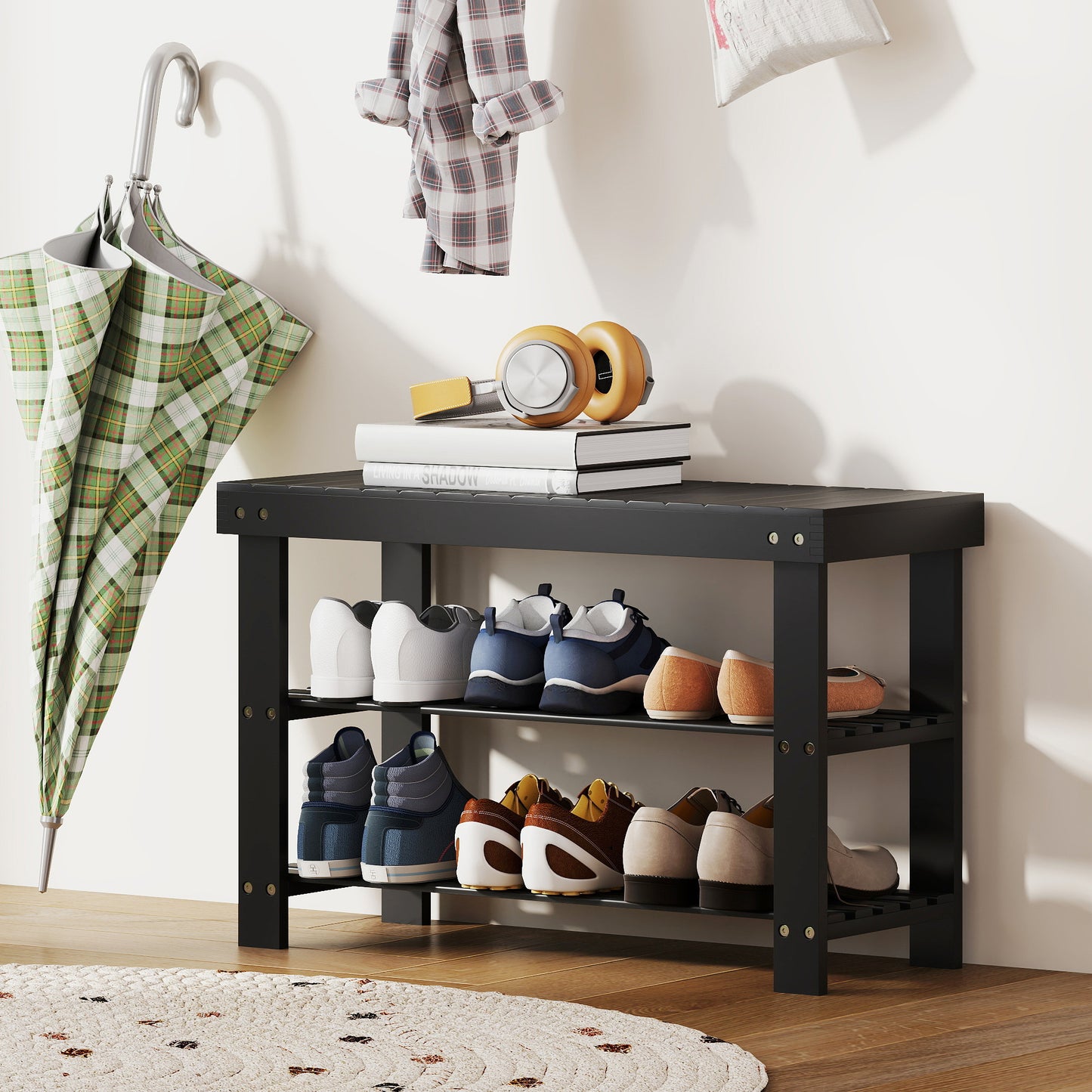 HOMCOM Black Bamboo 3-Tier Entryway Shoe Storage Bench, 6 Pair Capacity