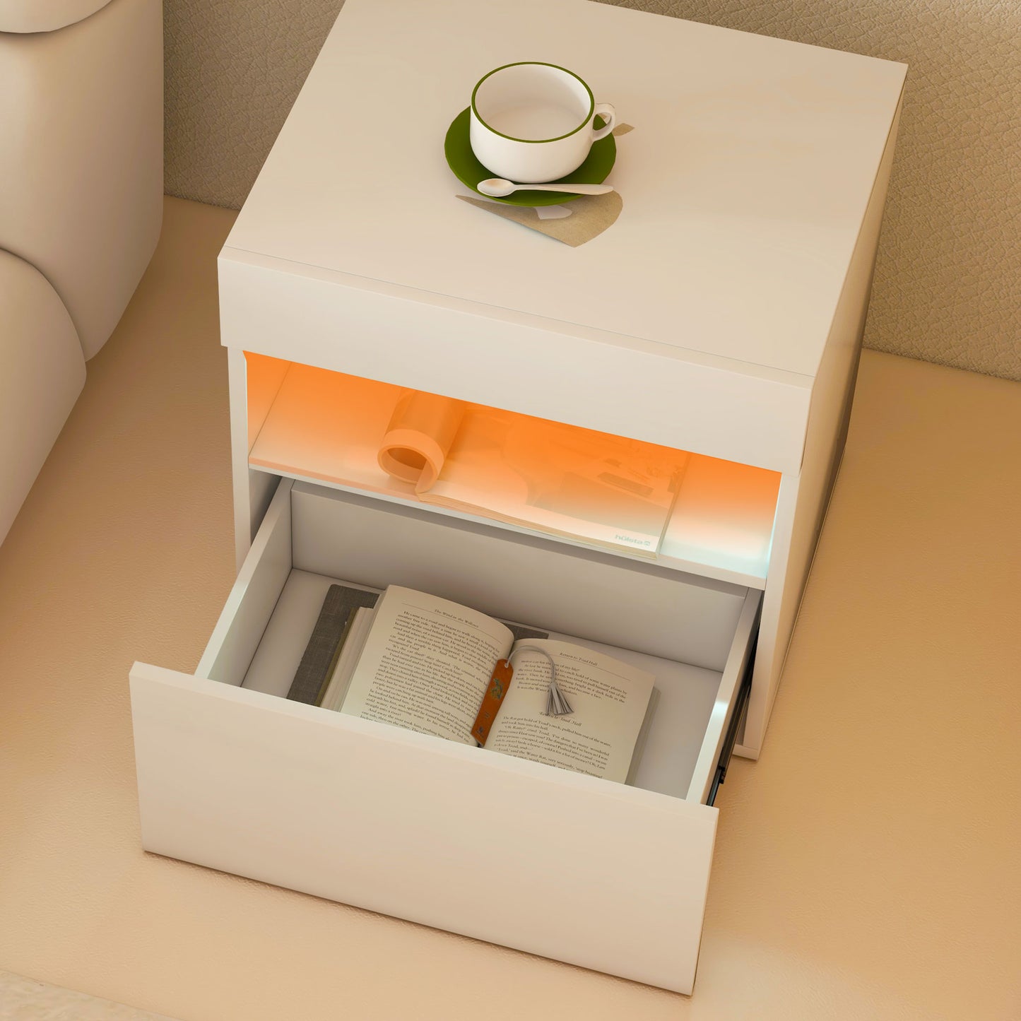 HOMCOM Modern White LED Nightstand Bedside Table with Drawer & Storage