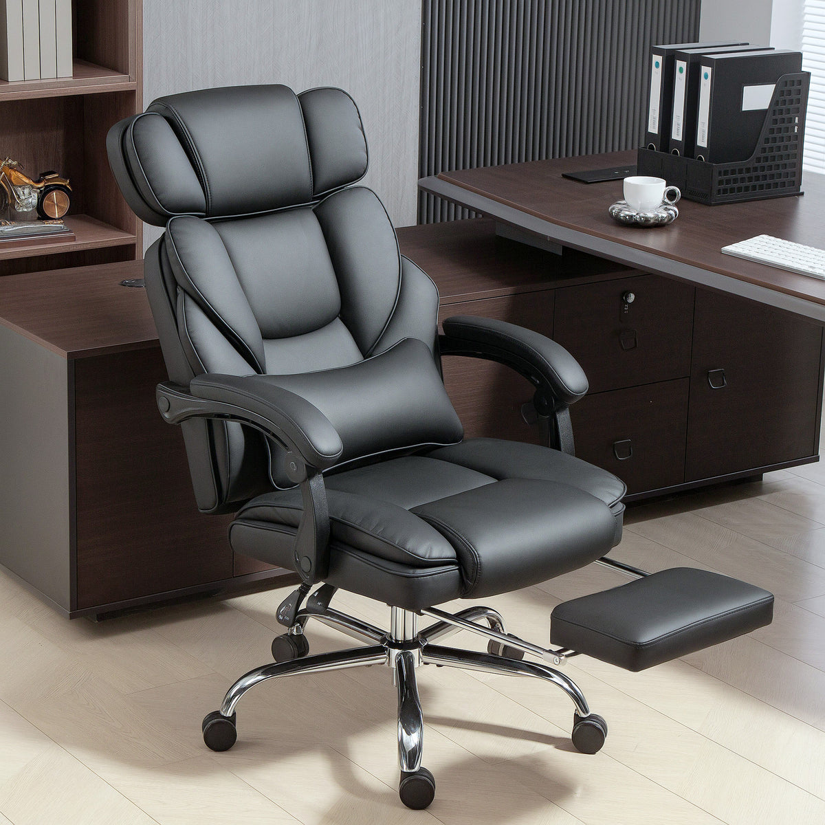 PU Leather Office Chair, Reclining Desk Chair with Footrest, Adjustable Headrest, Black