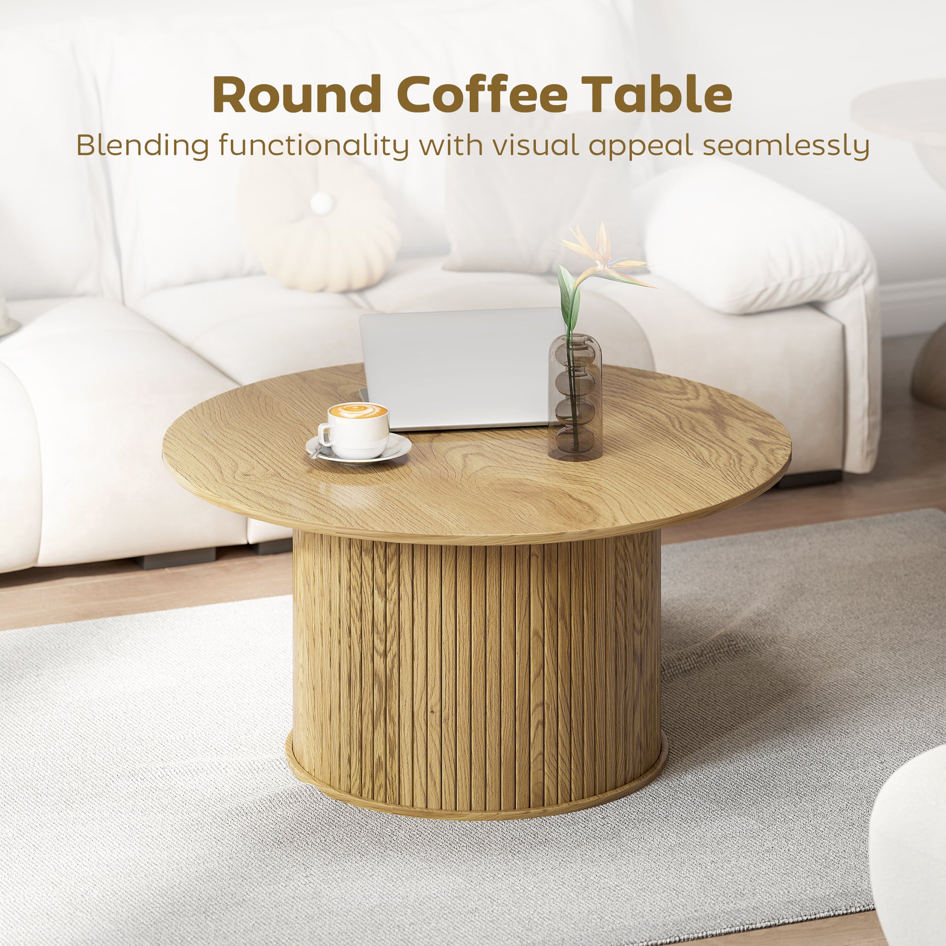 HOMCOM Nordic Round Oak Coffee Table with Fluted Cylindrical Base for Living Room