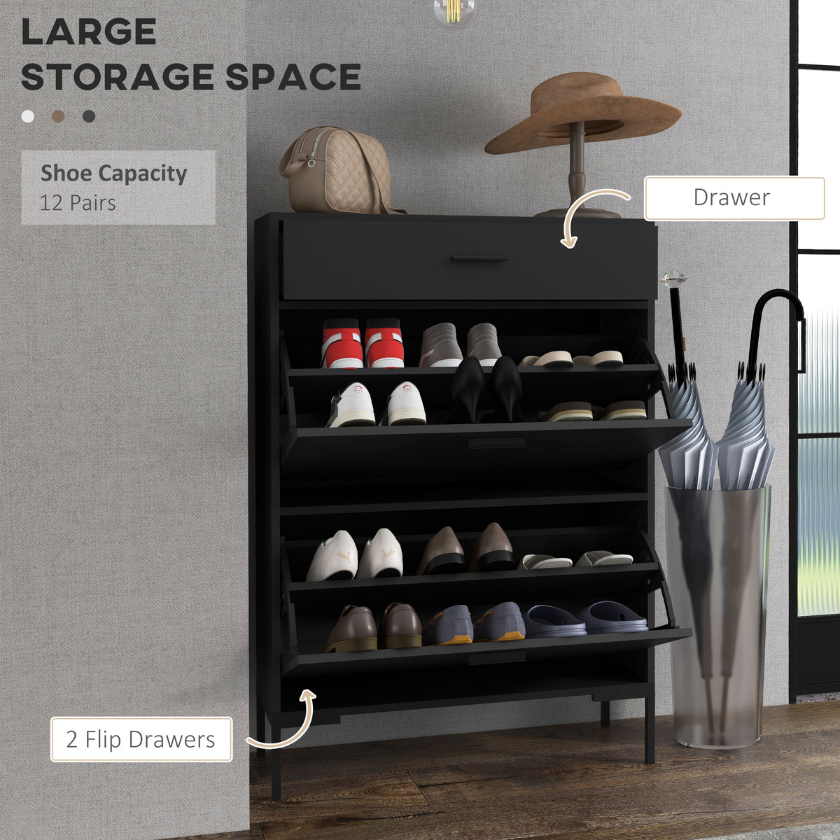 Modern Shoe Cabinet with 2 Flip Doors and Drawer – 30"W x 43"H