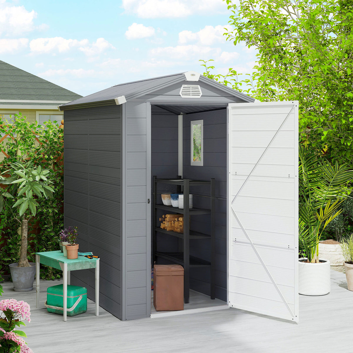 4.5' x 6' Garden Storage Shed with Latch Door, Vents, Sloped Roof – Dark Grey