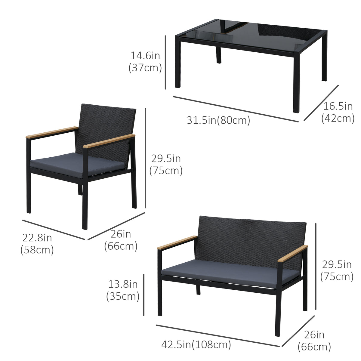 4 Pieces Wicker Patio Furniture Set with Cushions, Outdoor Rattan PE Rattan Conversation Set, Chairs and Loveseat with PS Board Armrests Decoration, Glass Top Table
