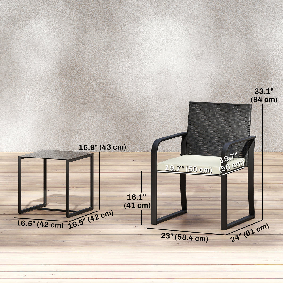 Outdoor Bistro Set, 3 Piece Wicker Patio Furniture with Mesh Seat, Glass Table, Cushions for Porch, Balcony – Cream White