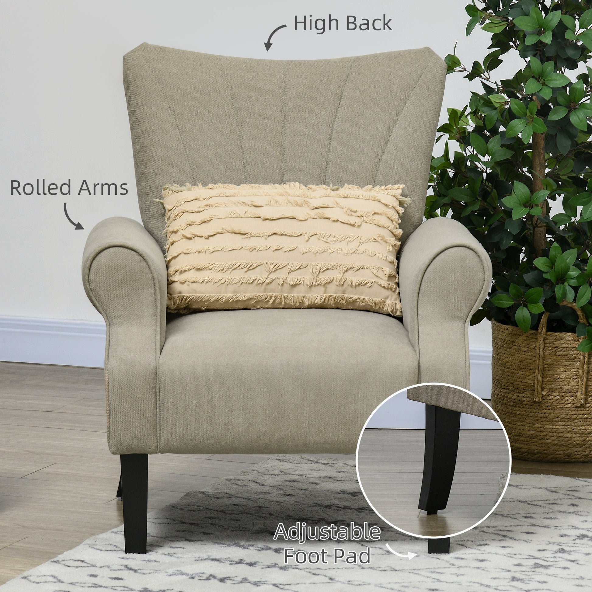 Modern Fabric Accent Armchair with Solid Rubberwood Legs for Living Room Bedroom Office