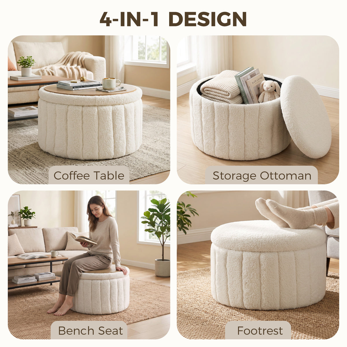 HOMCOM Round Coffee Table with Hidden Storage, Sherpa Fleece Center Table with Dual Reversible Lid for Living Room Cream White