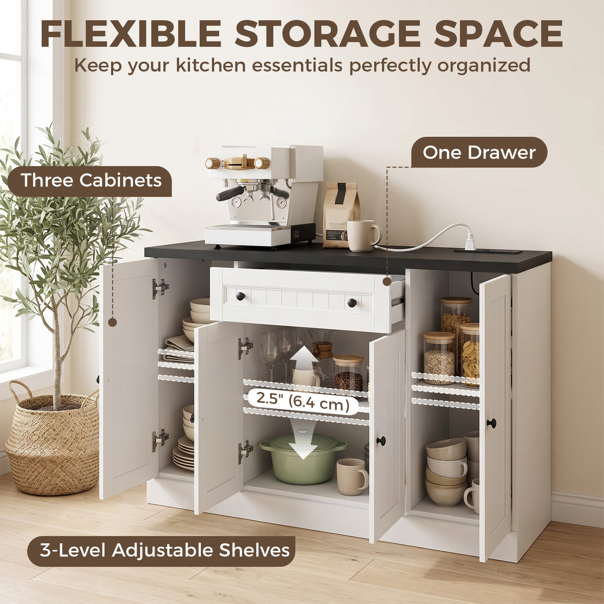 Farmhouse Sideboard Buffet Cabinet with Charging Station – 47"W x 31"H