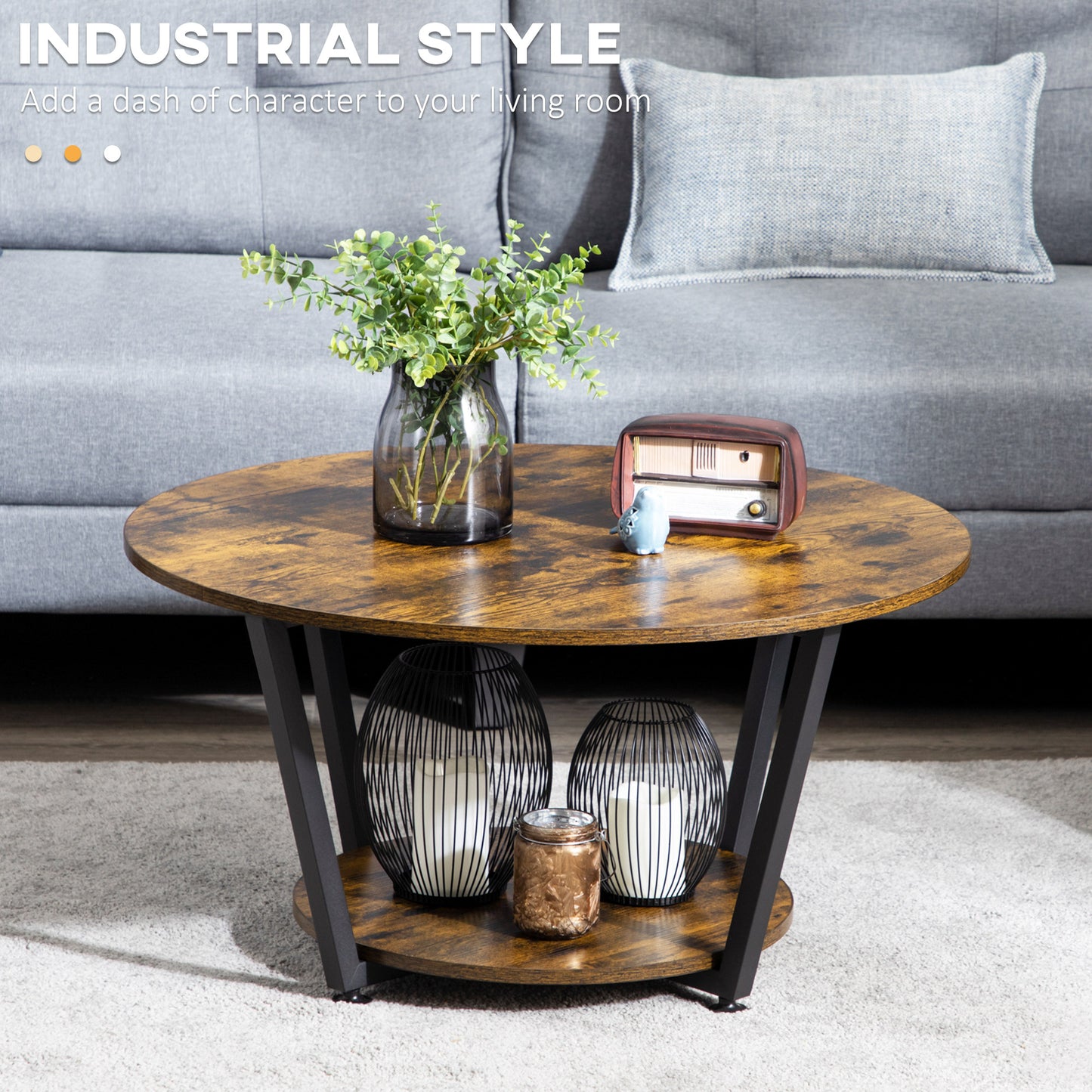 HOMCOM Round Industrial Coffee Table with Storage Shelf, Steel Frame, Rustic Brown