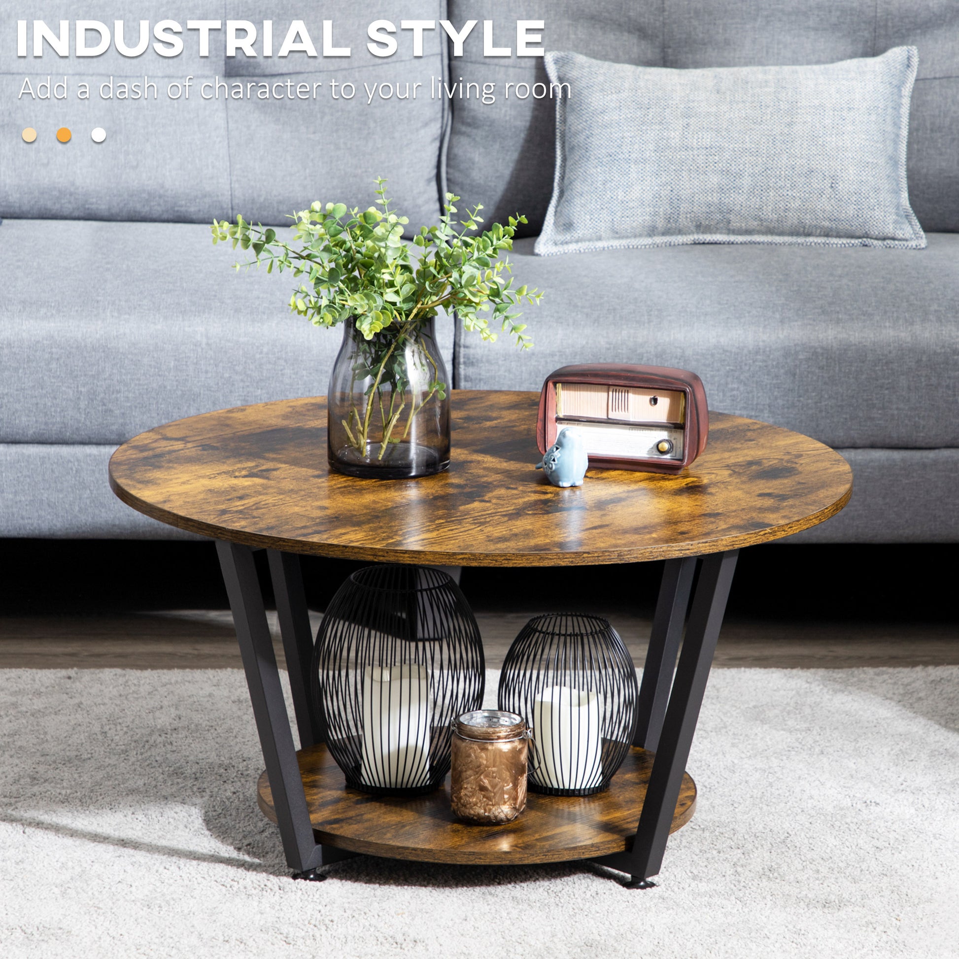 HOMCOM Round Industrial Coffee Table with Storage Shelf, Steel Frame, Rustic Brown