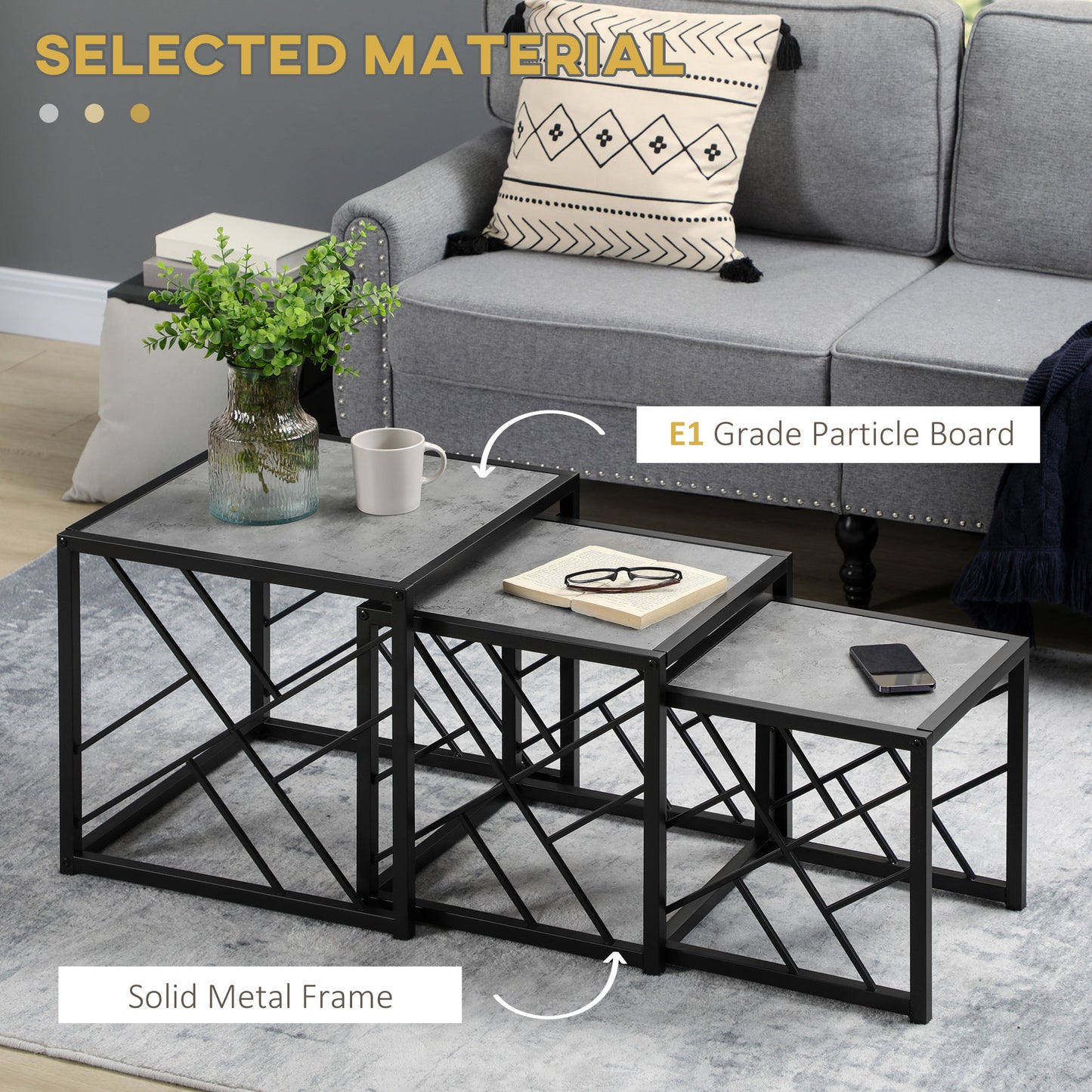 HOMCOM 3-Piece Square Nesting Coffee Tables Grey Marble Top Metal Frame