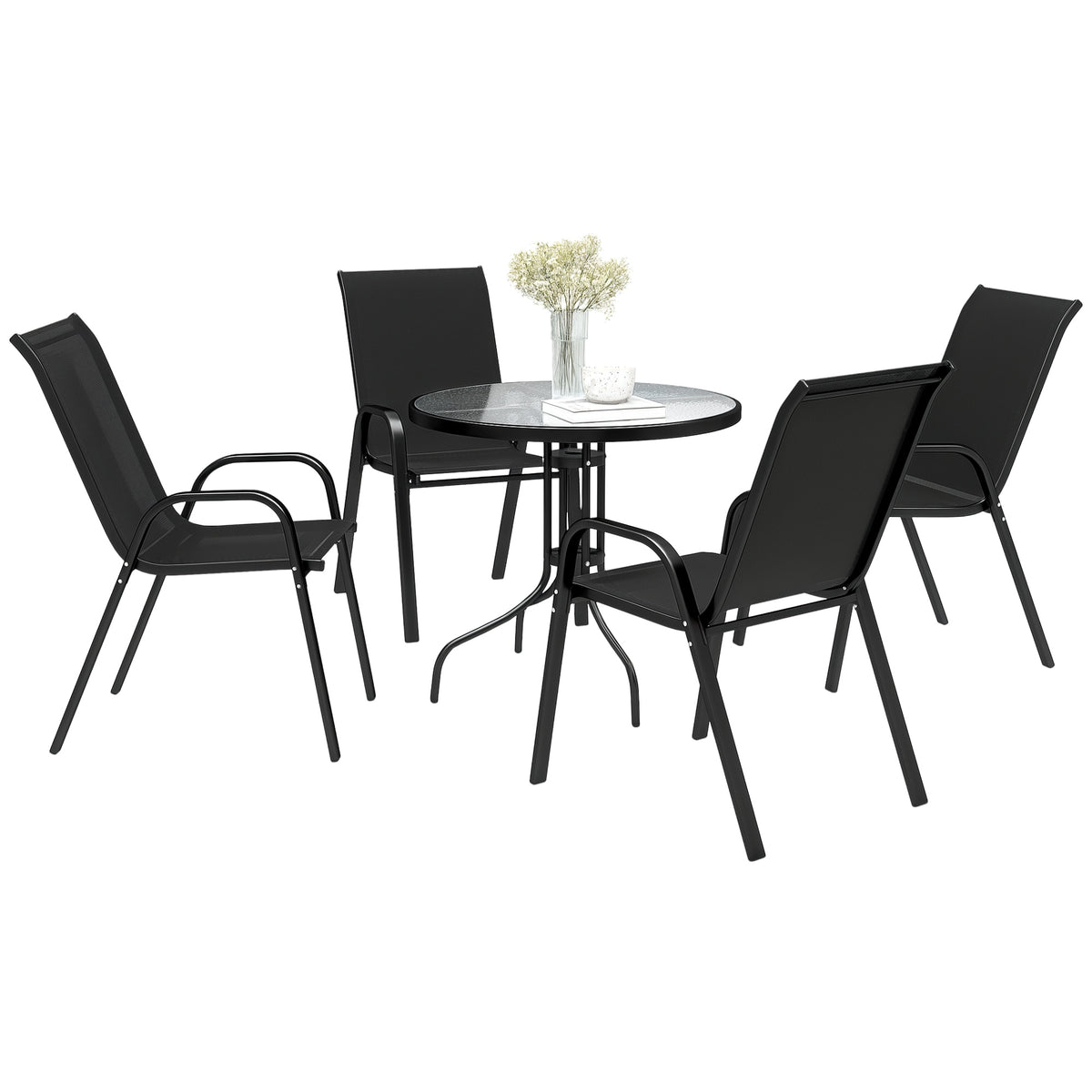 Five-Piece Steel Patio Set, with Glass-Top Table - – Black