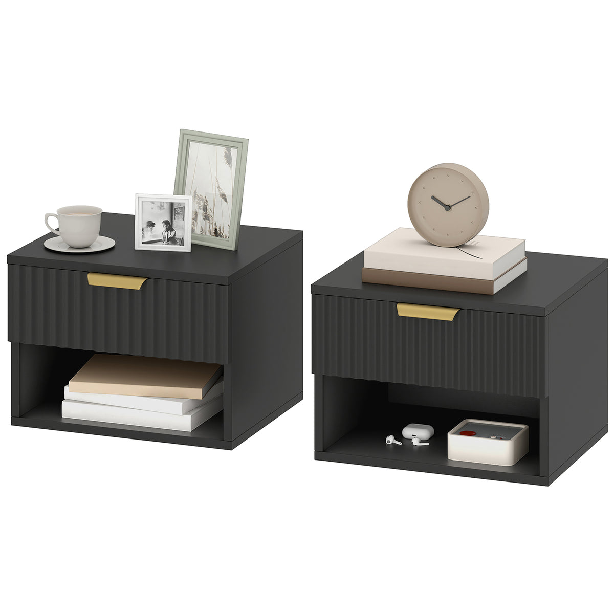 Floating Nightstands with Drawer and Open Shelf, Set of 2 – 16"W x 11"H