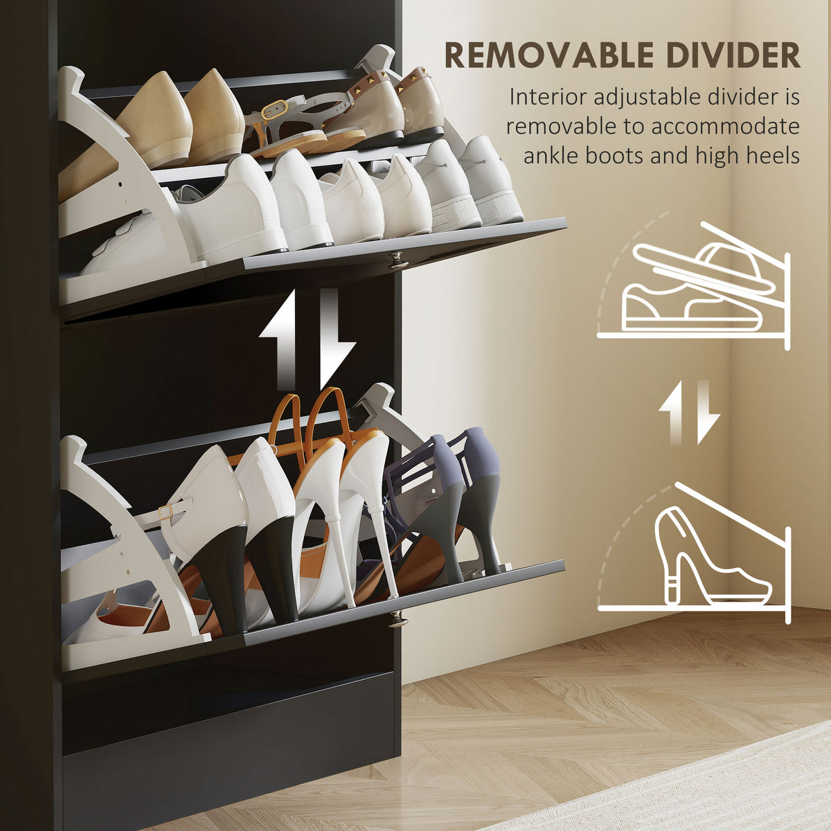 Modern Shoe Storage with 3 Flip Drawers and Adjustable Shelves – 24"W x 45"H