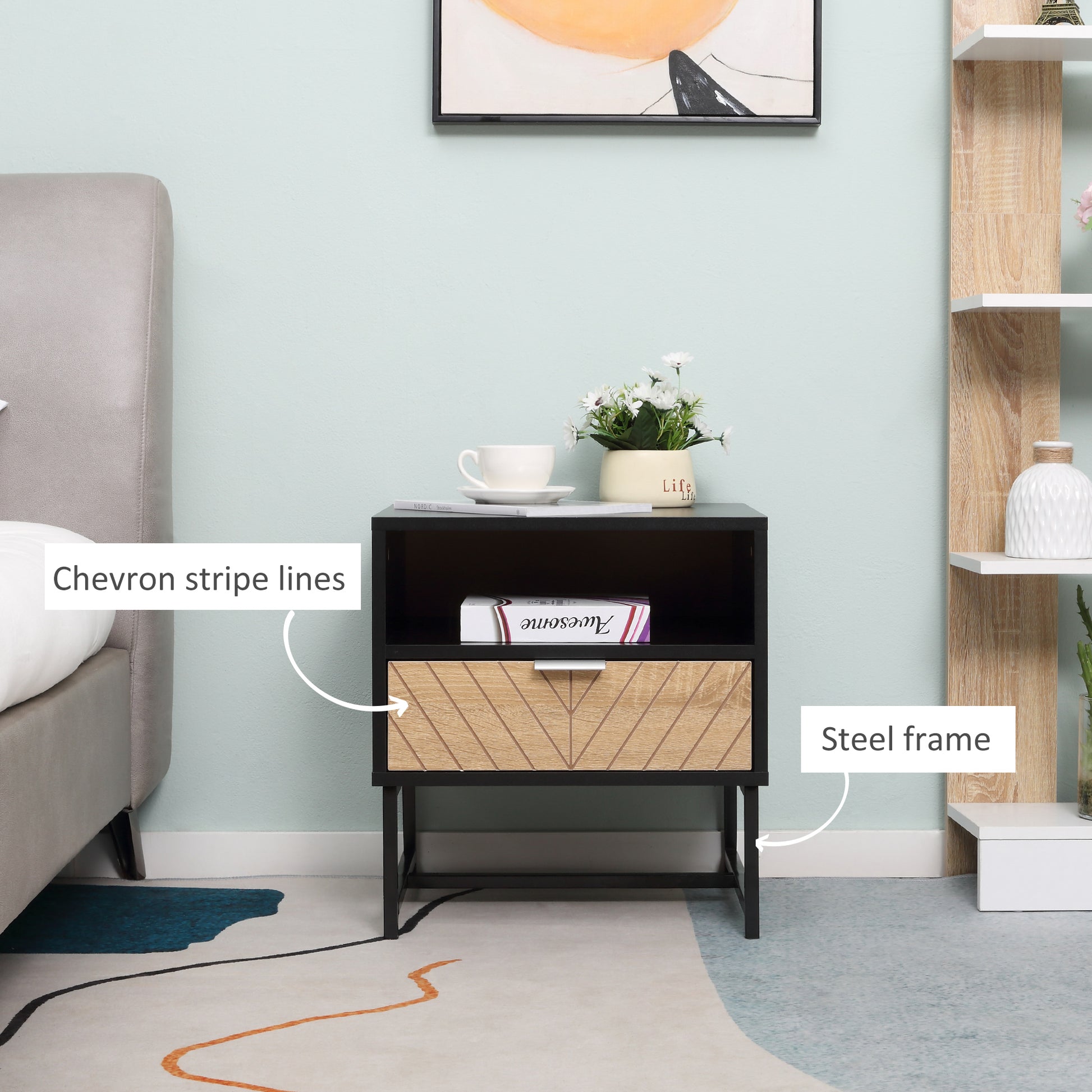 Modern HOMCOM Bedside Table Nightstand with Drawer, Storage Shelf - Black & Oak