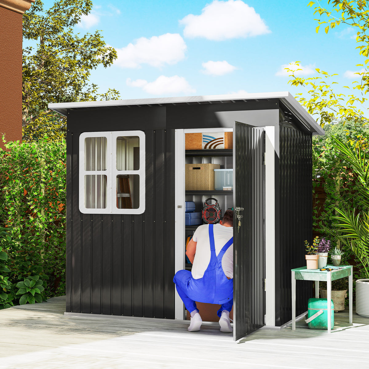 7' x 4' Galvanised Steel Outdoor Storage Shed, Garden Shed with Window, Lockable Wide Door and Air Vents – 83.1" W x 52.4" D x 68.1" /74.8" H