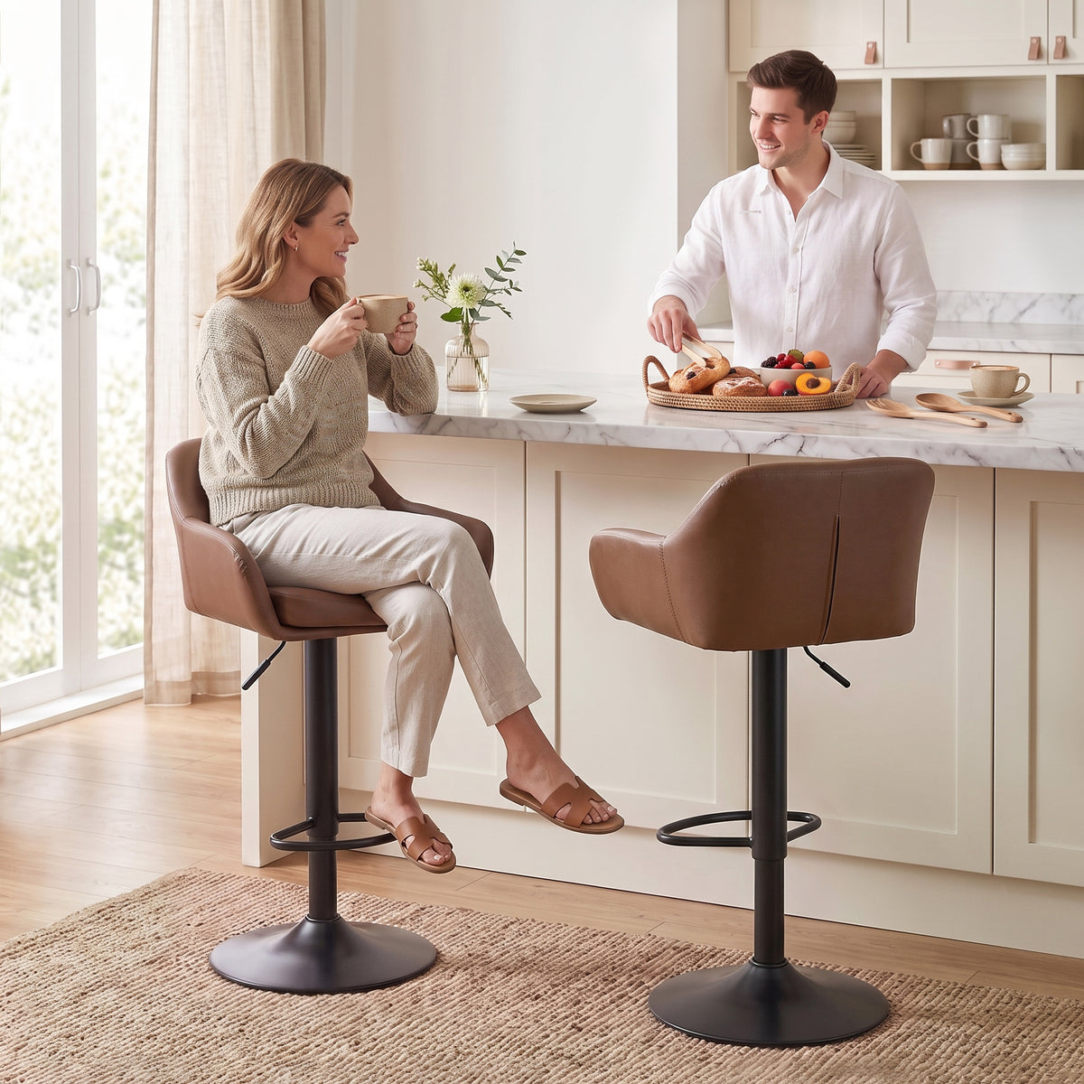 PU Leather Swivel Counter Stools with Arms and Backrest, Adjustable, Set of 2, Brown
