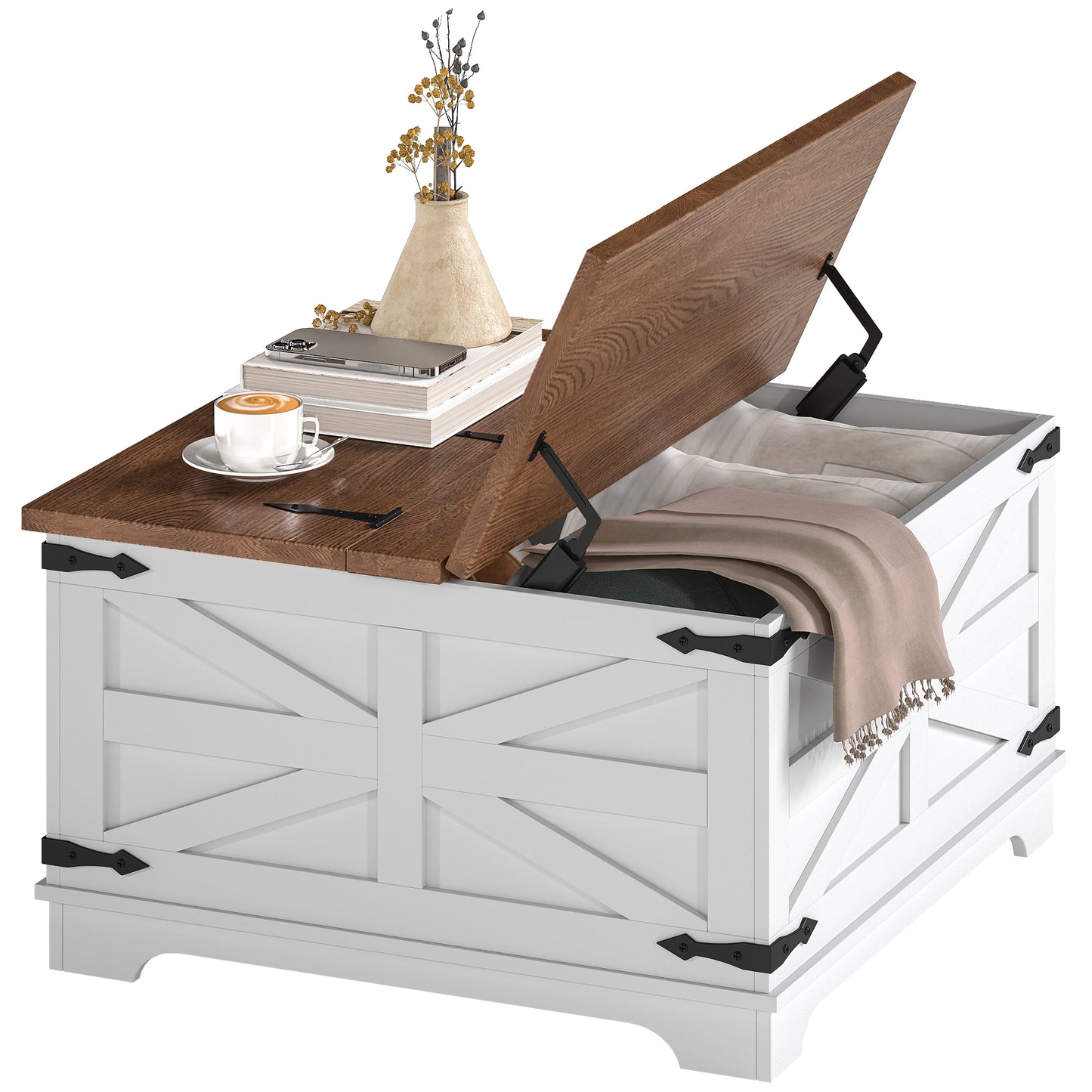 HOMCOM Farmhouse Square Coffee Table with Flip-Top Lids, Hidden Storage, White